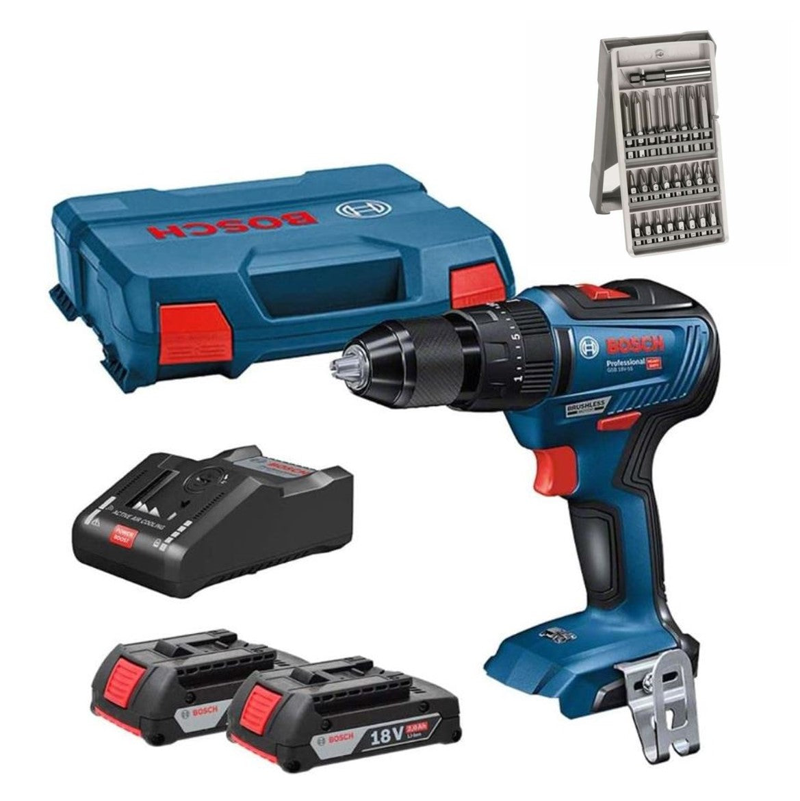 Bosch GSB 18V-55 Professional Cordless Combi Drill +1 x 2.0Ah + 1 x 4.0 Ah Li-ion Batteries +Drill Bit Set
