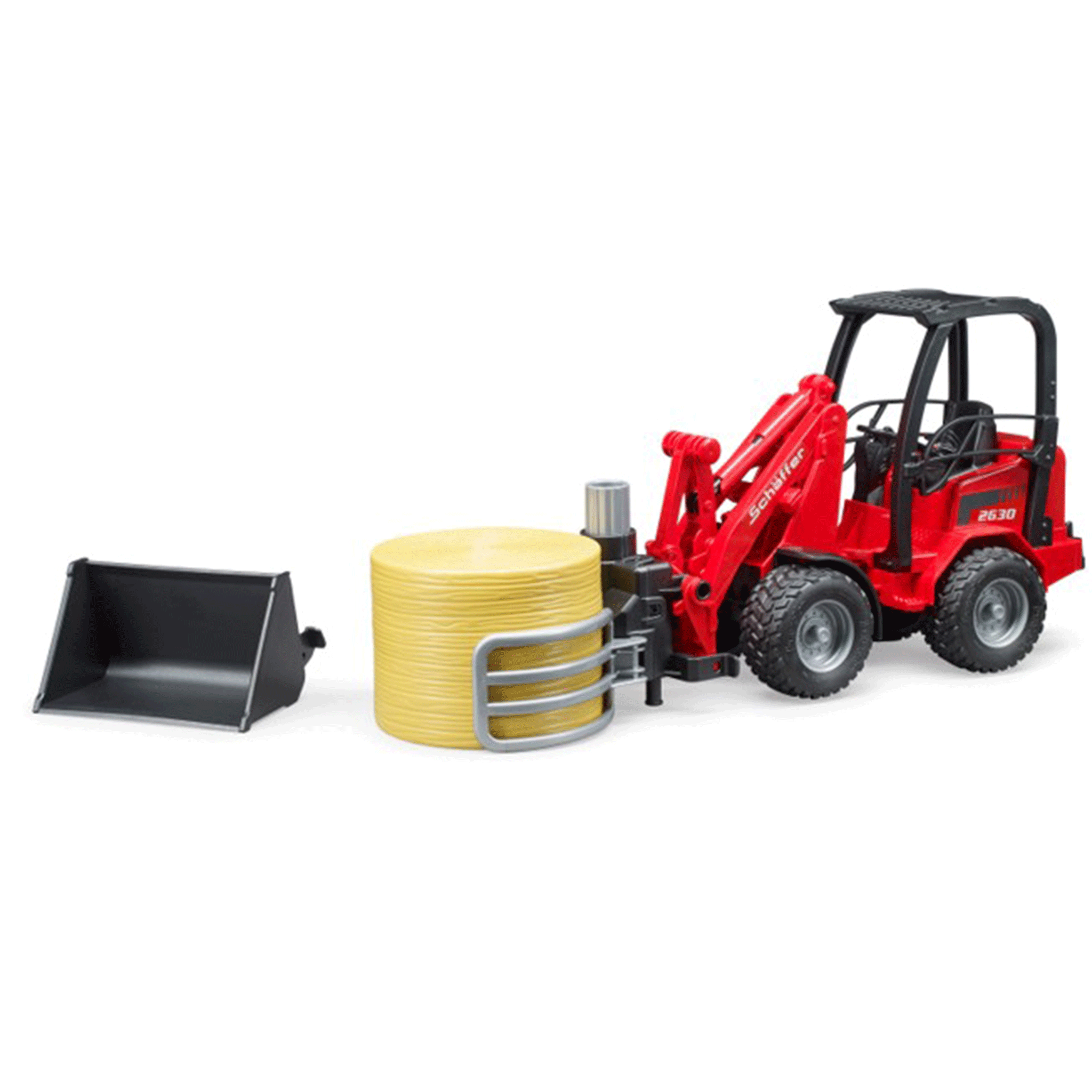 Bruder Schäffer Compact Loader 2630 with Bale Gripper and Round Bale 1:16 Scale