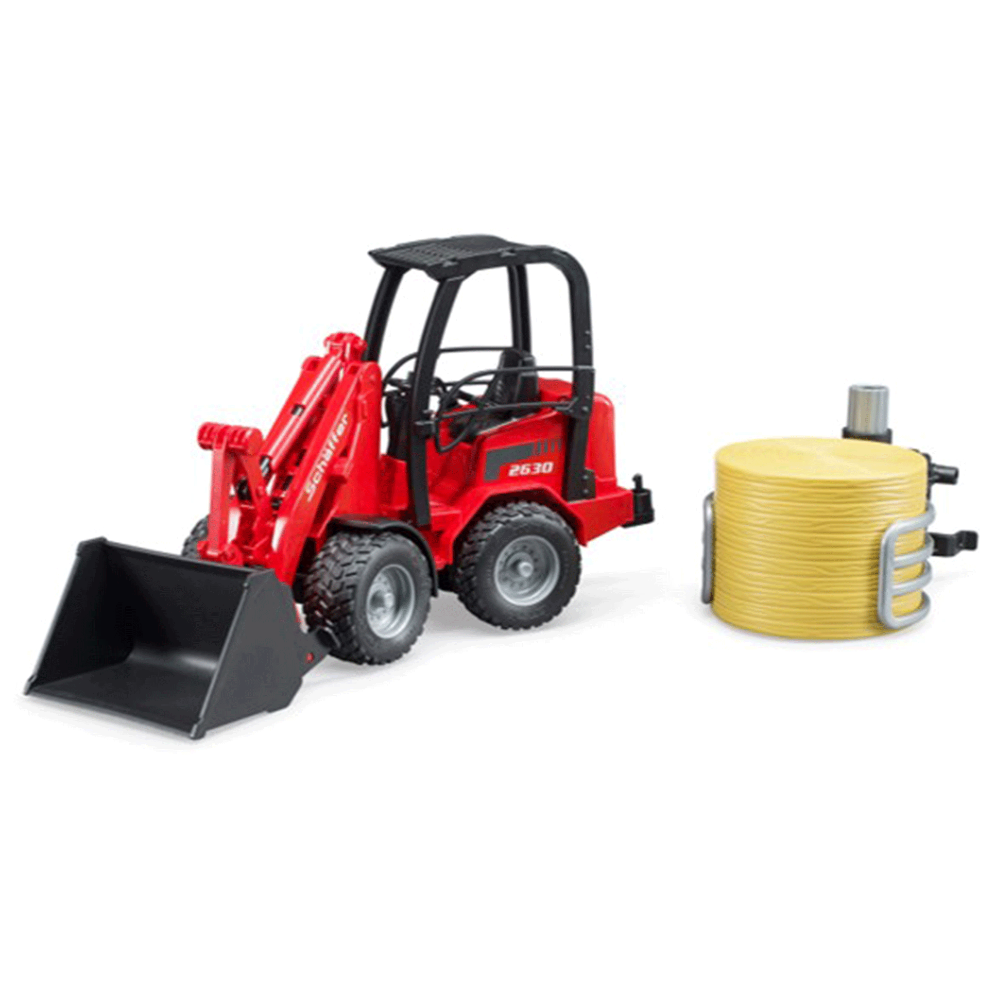 Bruder Schäffer Compact Loader 2630 with Bale Gripper and Round Bale 1:16 Scale
