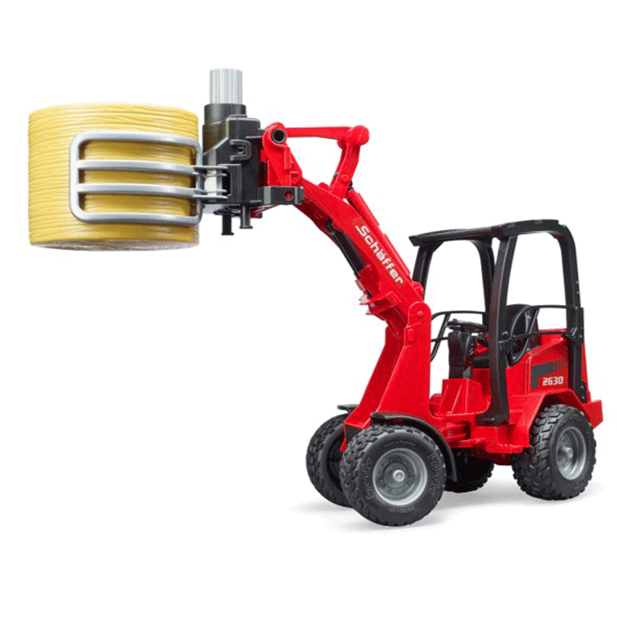 Bruder Schäffer Compact Loader 2630 with Bale Gripper and Round Bale 1:16 Scale