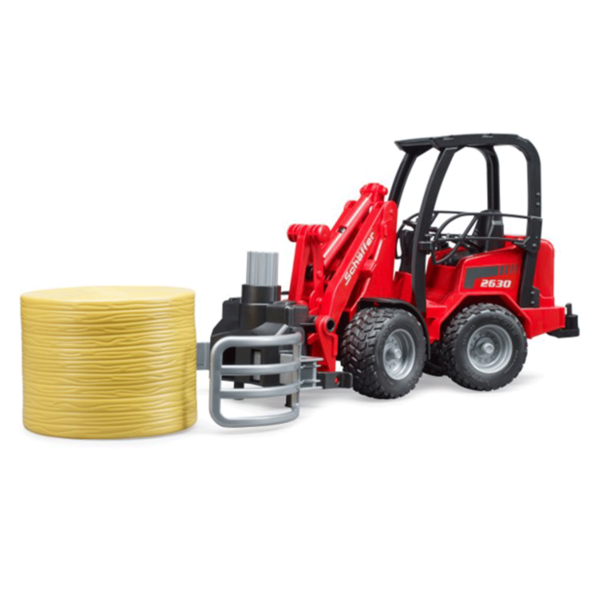 Bruder Schäffer Compact Loader 2630 with Bale Gripper and Round Bale 1:16 Scale
