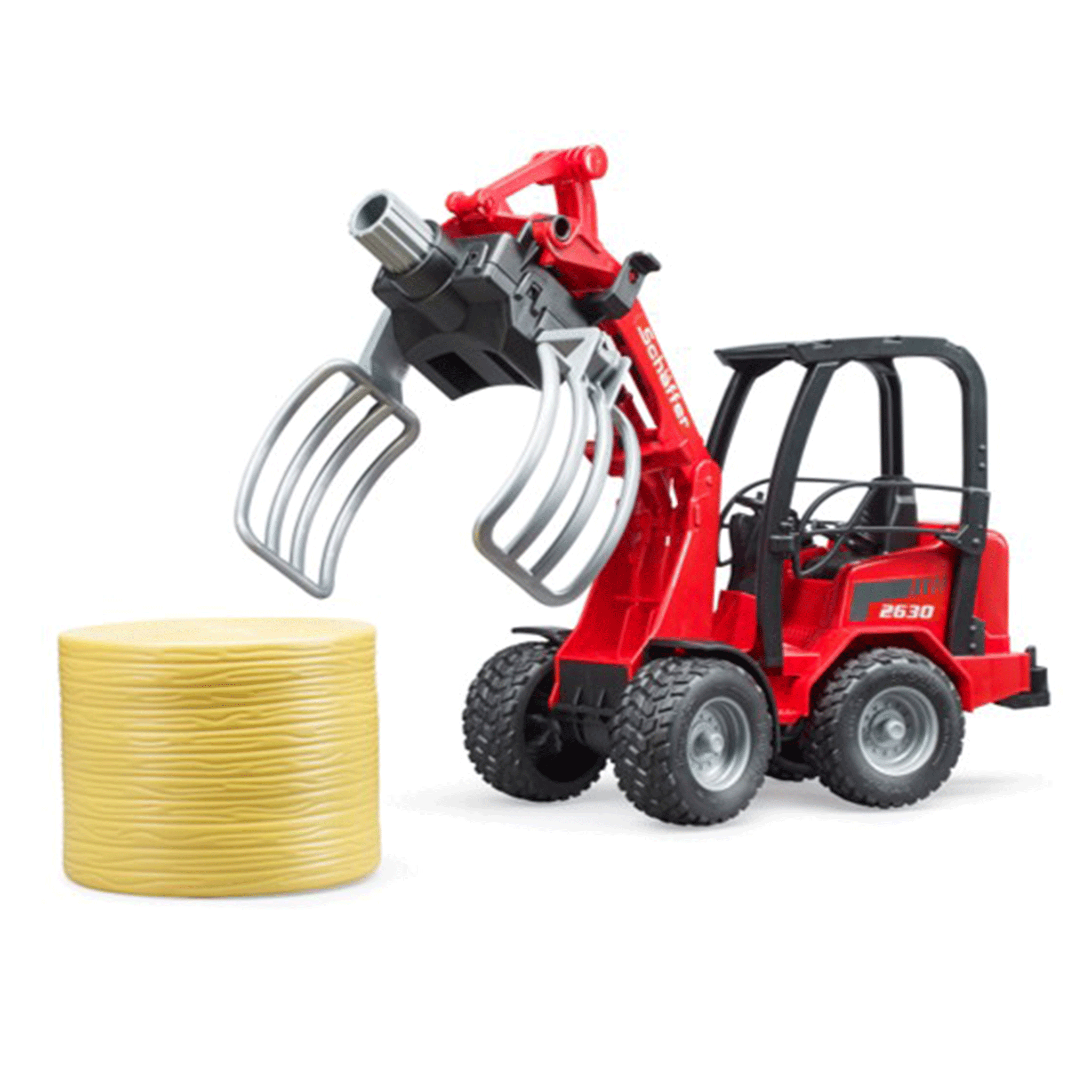 Bruder Schäffer Compact Loader 2630 with Bale Gripper and Round Bale 1:16 Scale