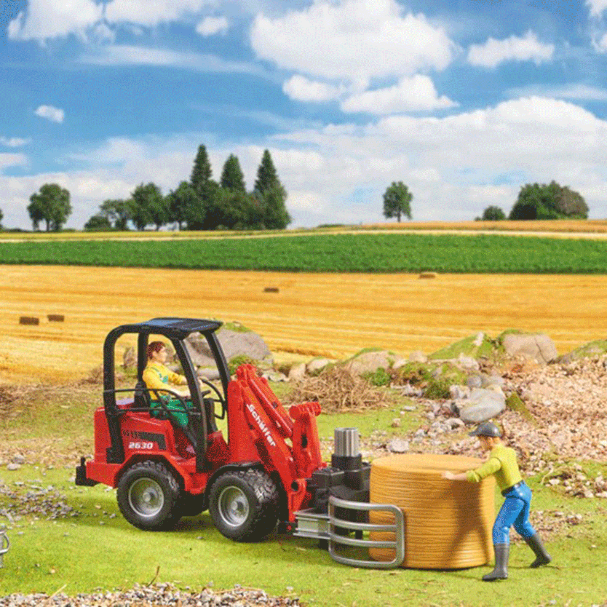 Bruder Schäffer Compact Loader 2630 with Bale Gripper and Round Bale 1:16 Scale