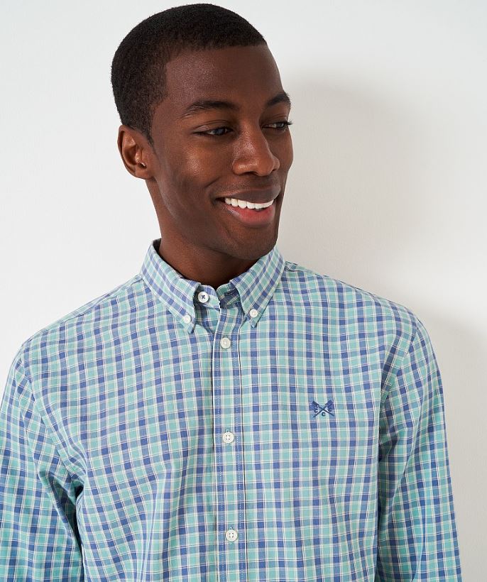Crew James Washed Poplin Check Shirt Indigo-Sand-Trellis 3
