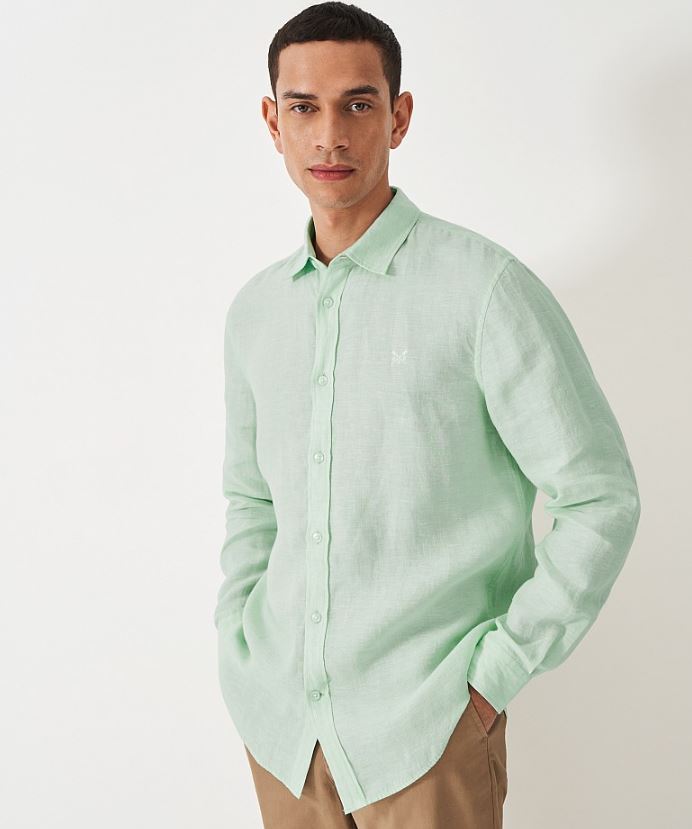 Crew Mens' Long Sleeve Linen Shirt Mist Green 1