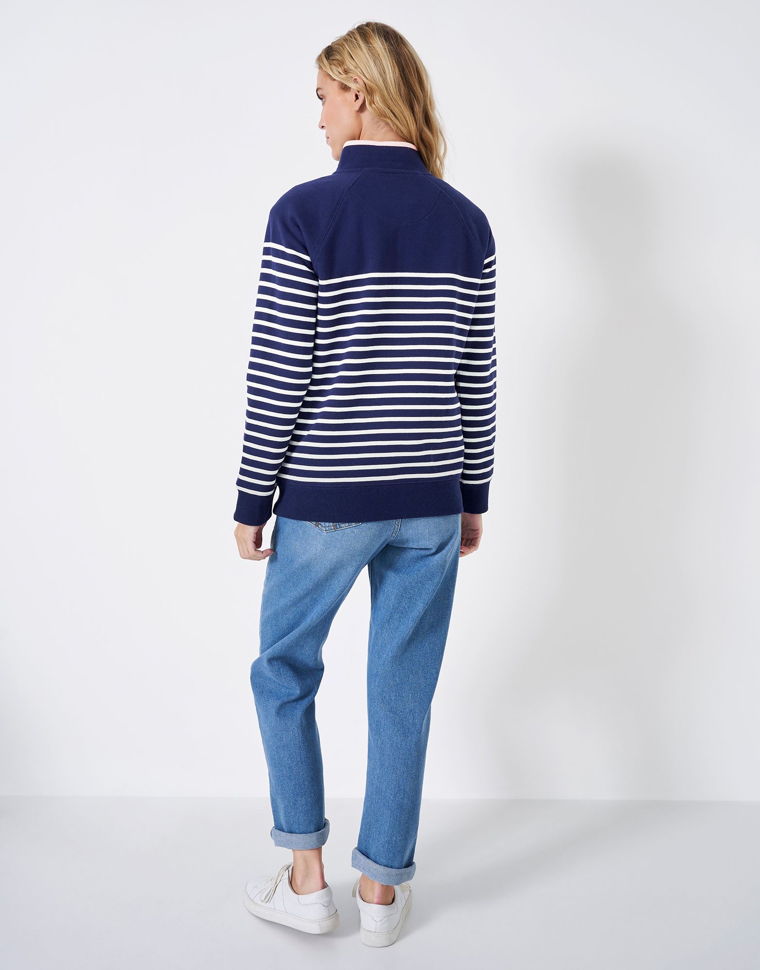 Crew Women's Sandy Collared Stripe Sweatshirt Dark Navy-White 3