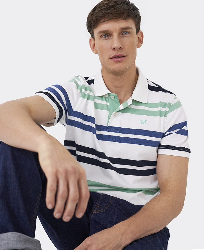 Crew Worthing Striped Jersey Polo White-Dusty Jade-Denim Marl 3