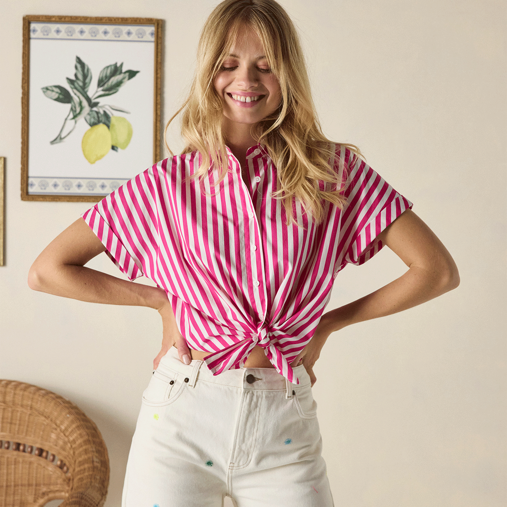Joules Keira Cropped Tie-Front Shirt in Pink Stripe