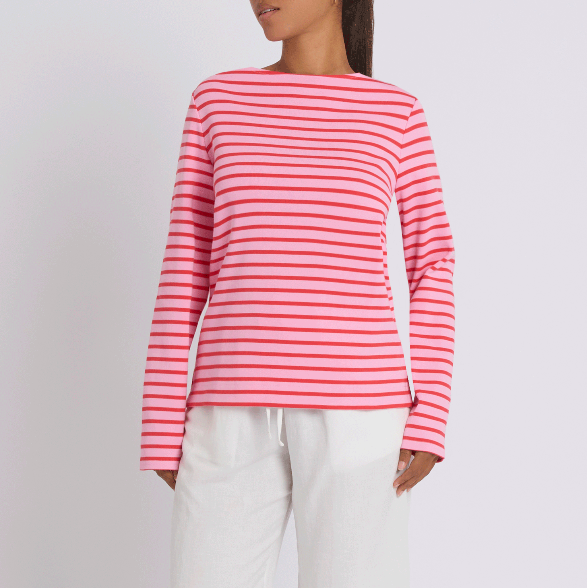 Joules Harbour Boat Neck Long Sleeve Striped Top in Pink & Red