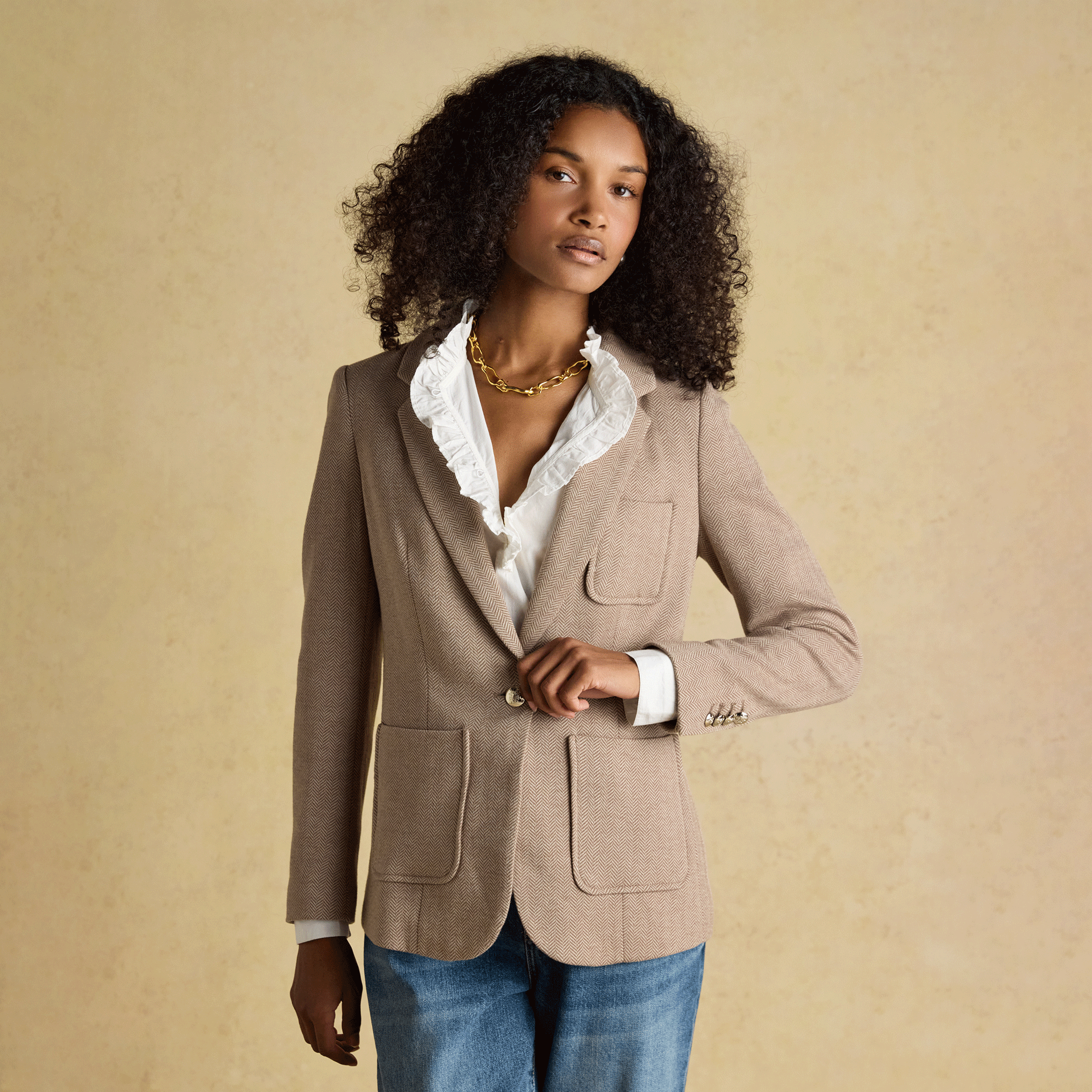 Joules Albury Herringbone Jersey Tweed Blazer Tan Brown