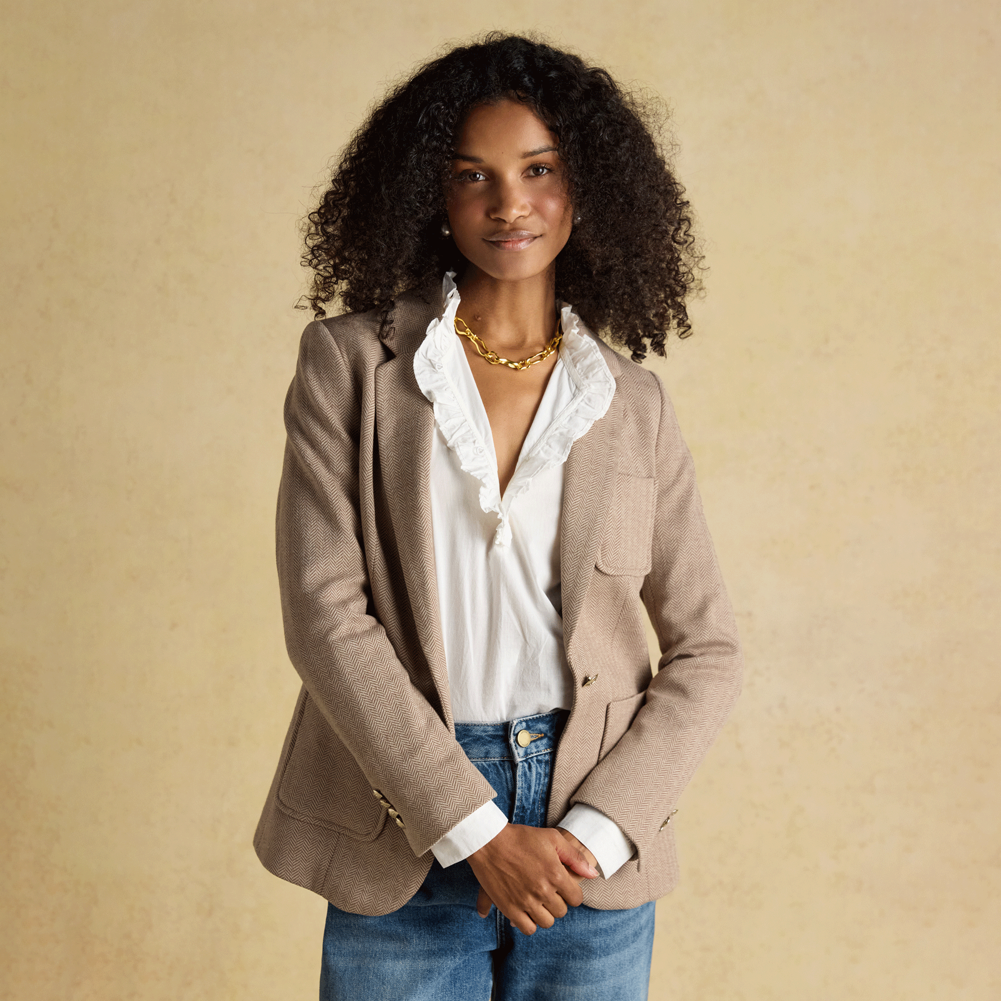 Joules Albury Herringbone Jersey Tweed Blazer Tan Brown