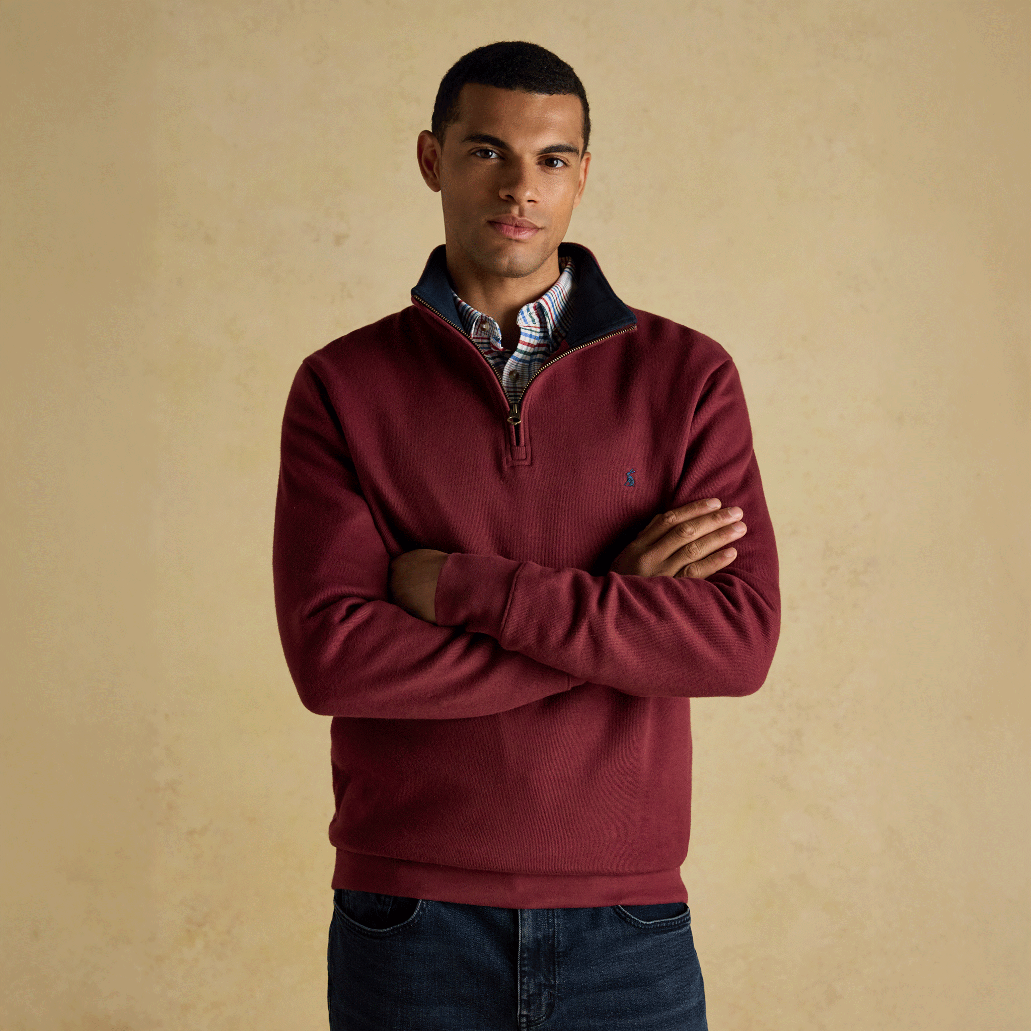 Joules Alistair French Ribbed Knit Quarter Zip Sweatshirt Burgundy Red