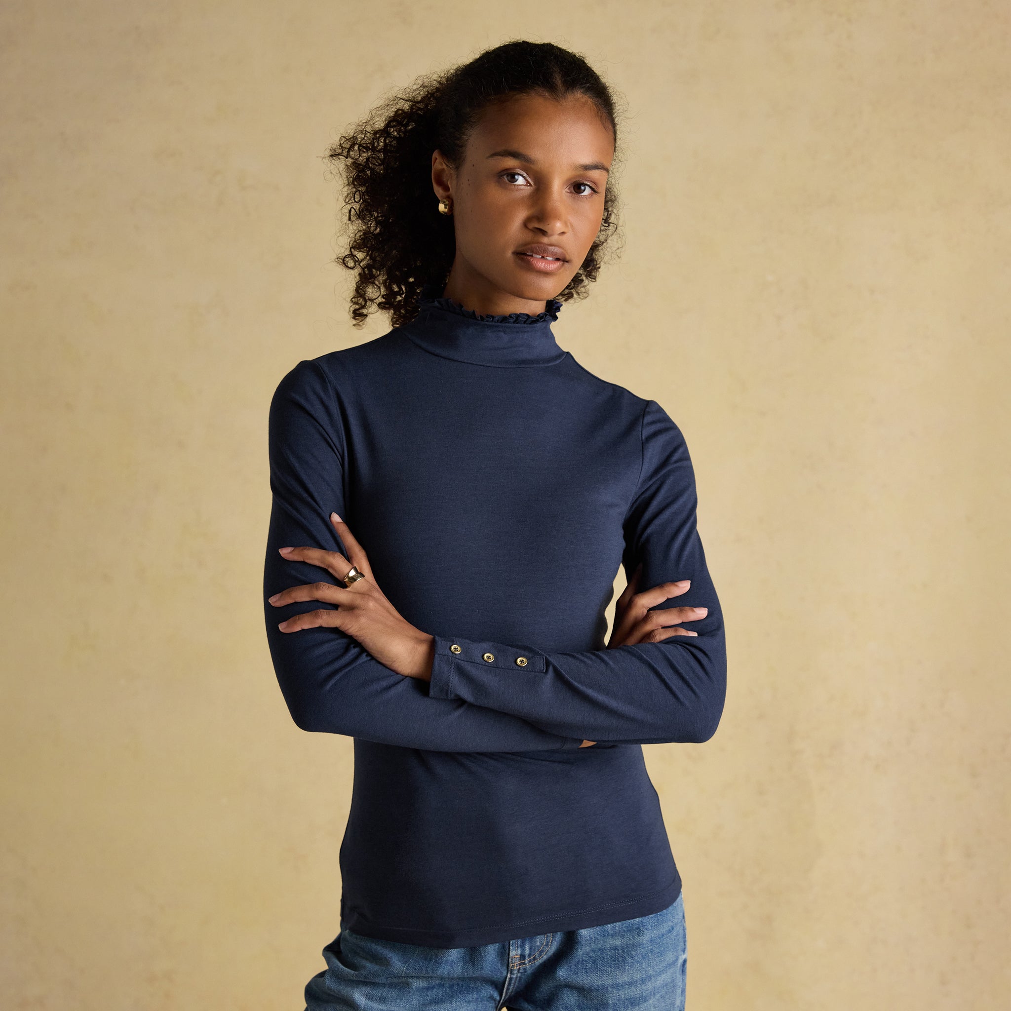 Joules Amy Long Sleeve High Frill Neck Jersey Top Navy