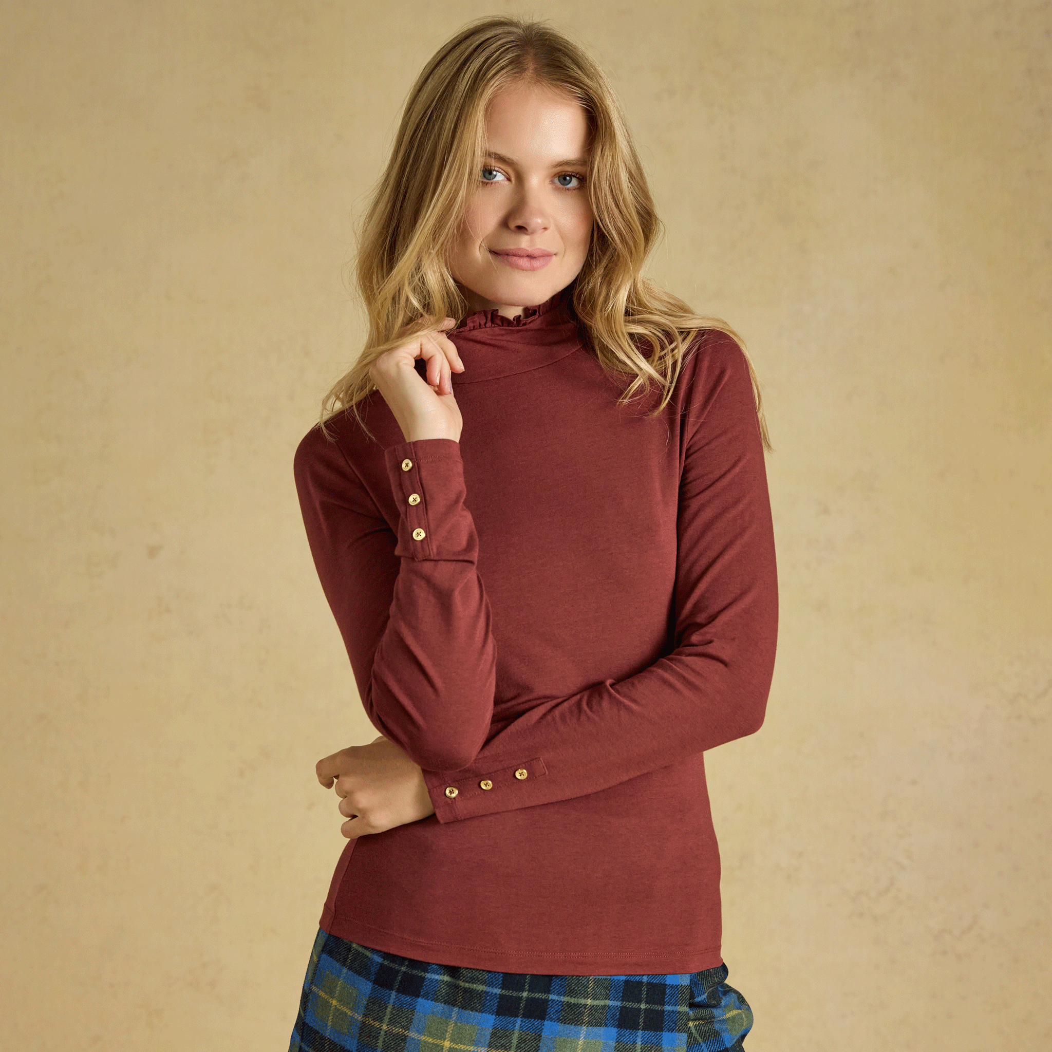 Joules Amy Long Sleeve High Frill Neck Jersey Top Russet