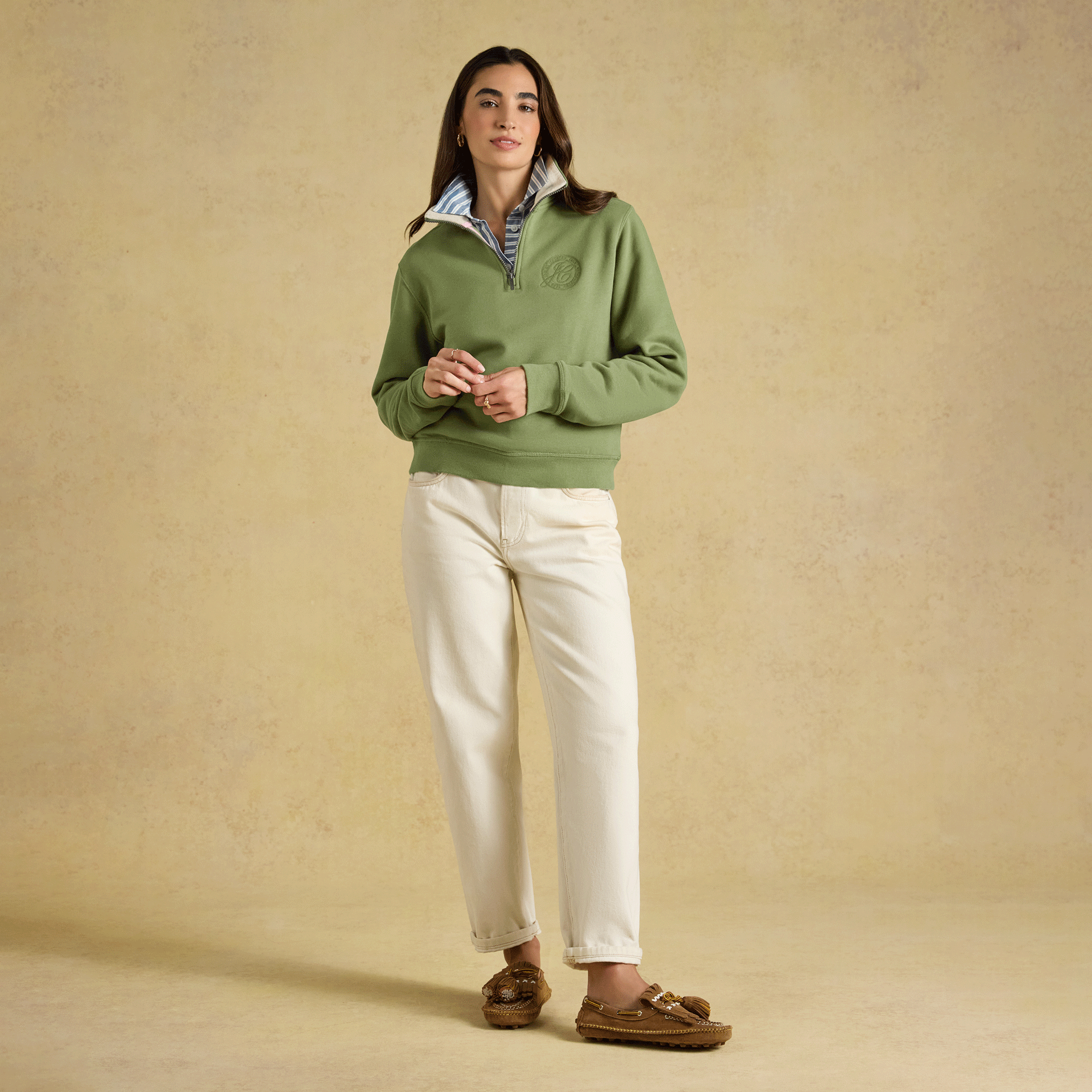 Joules Brushed Back Embroidered Quarter Zip Sweatshirt Olive Green