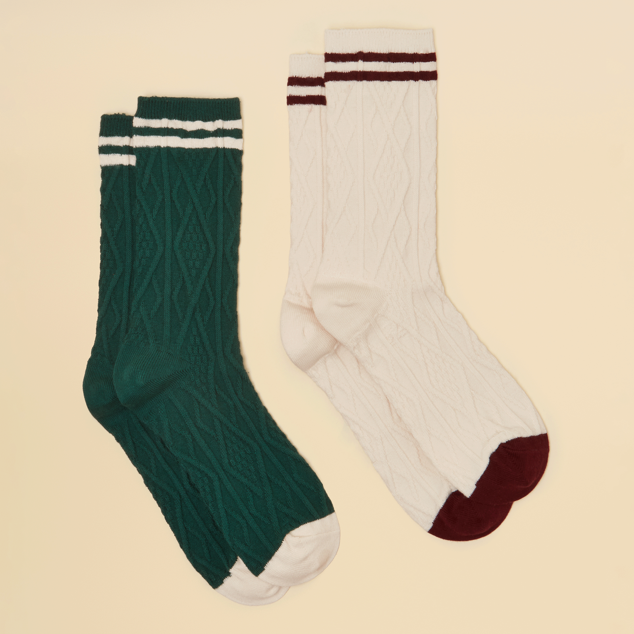 Joules Cable Knit Volley Tennis Socks 2 Pack Cream-Green