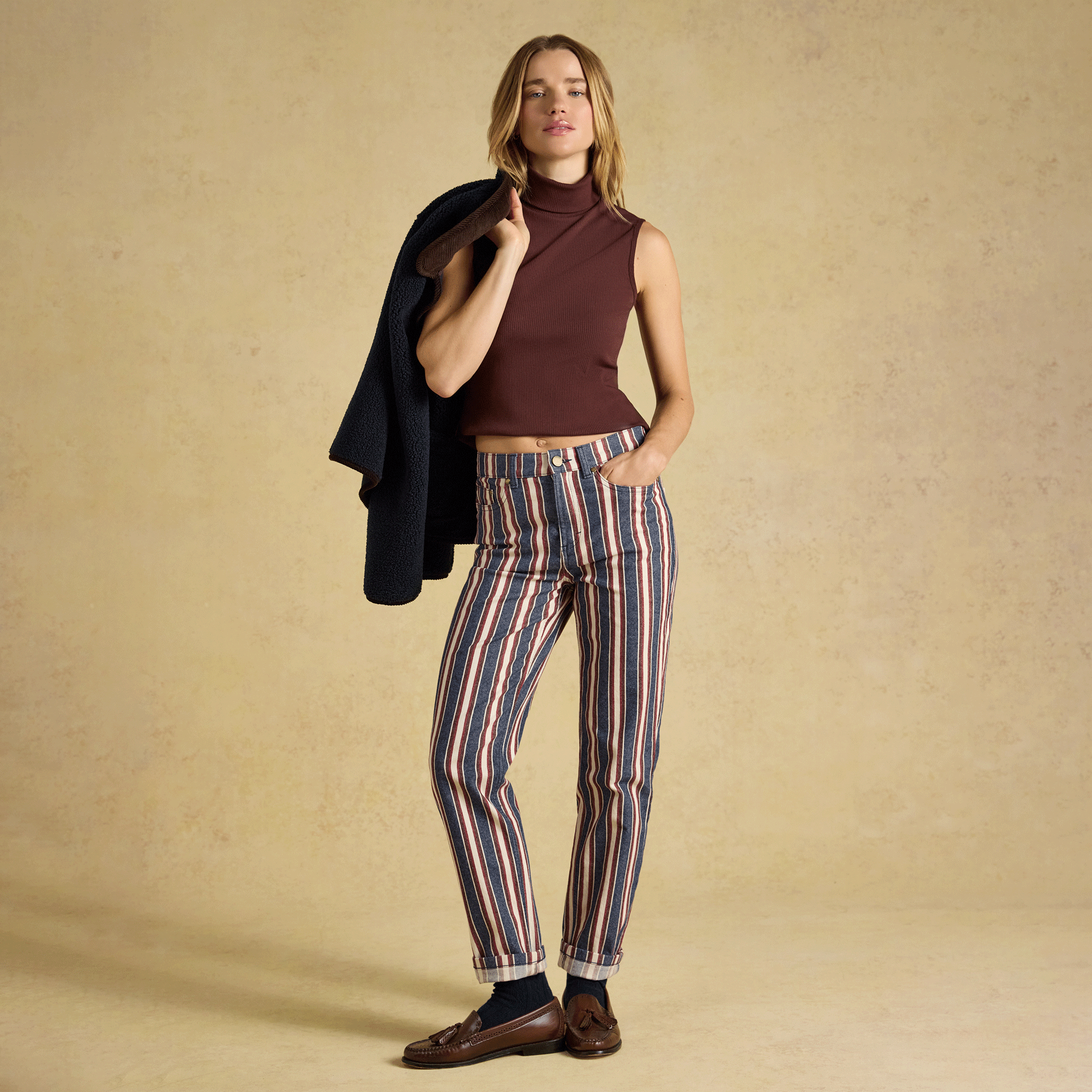 Joules Celia Ribbed Cotton Rich Sleeveless Roll Neck Chocolate Brown