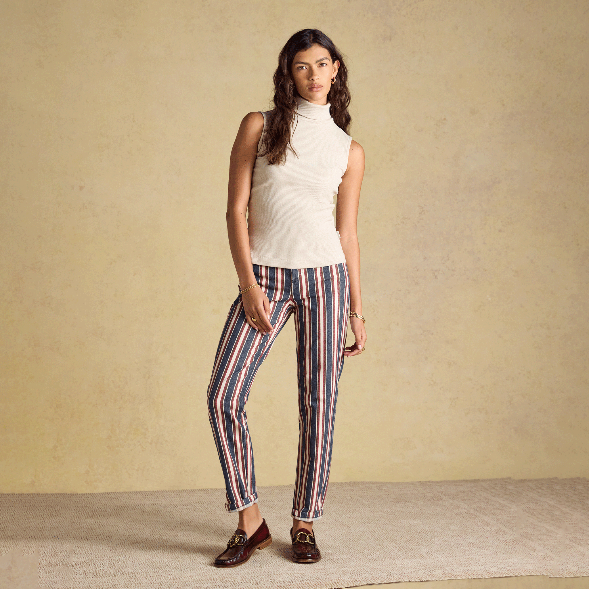 Joules Celia Ribbed Cotton Rich Sleeveless Roll Neck Oat Marl