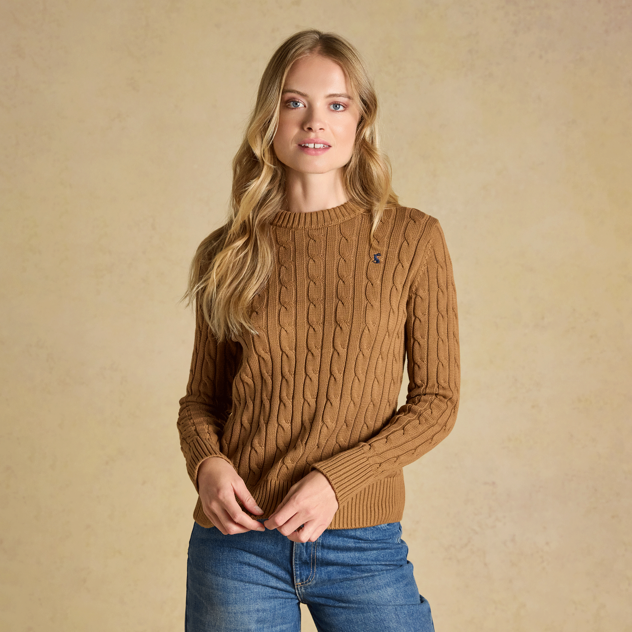 Joules Classic Cable Knit Cotton Crew Neck Jumper Camel