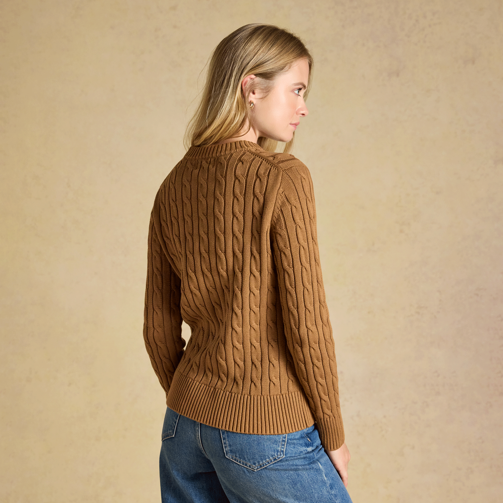 Joules Classic Cable Knit Cotton Crew Neck Jumper Camel