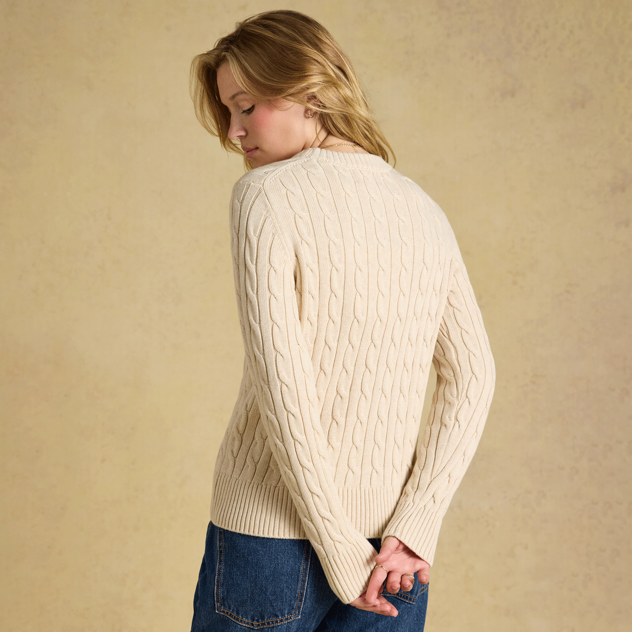 Joules Classic Cable Knit Cotton Crew Neck Jumper Oatmeal