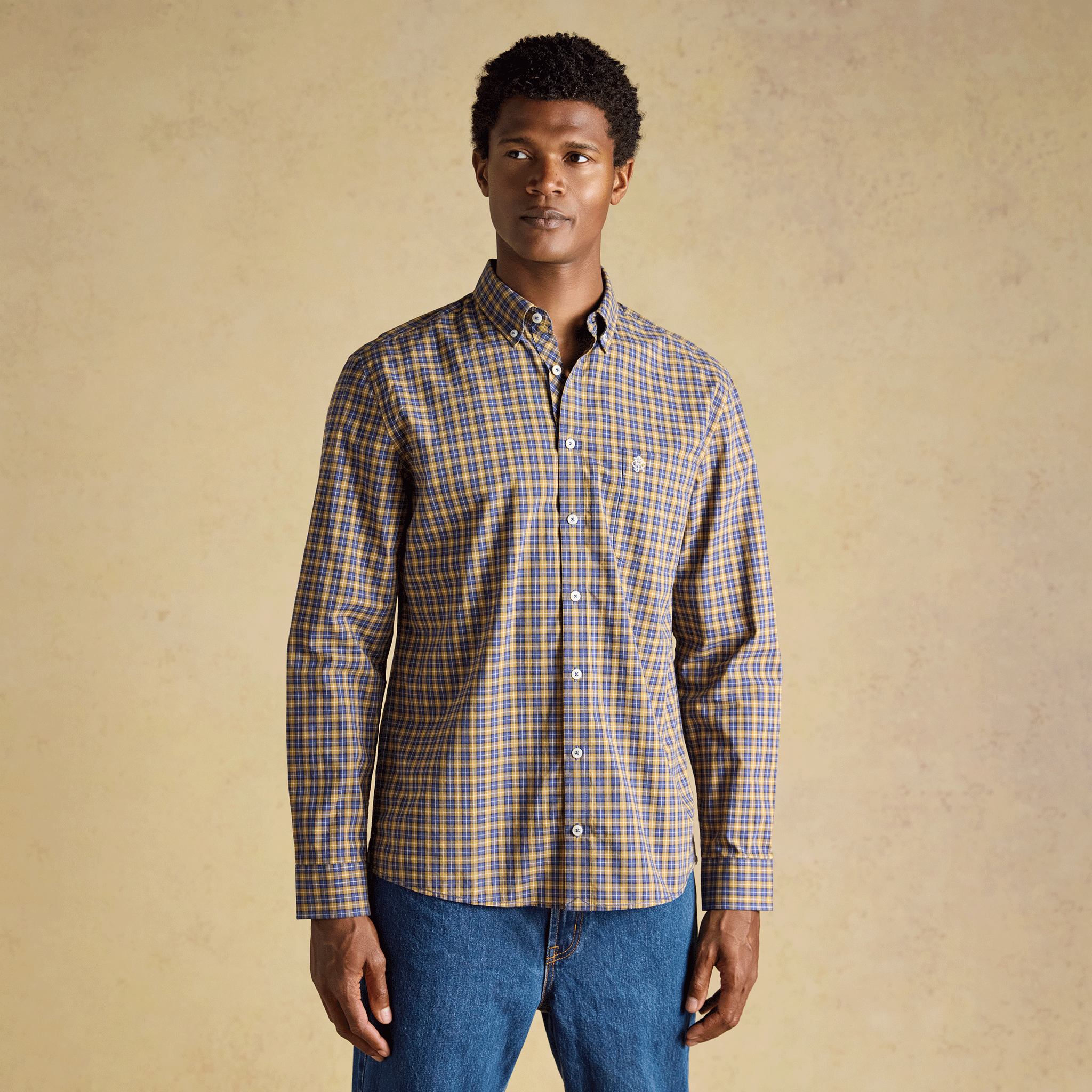 Joules Cotton Poplin Men's Checked Shirt Blue-Yellow