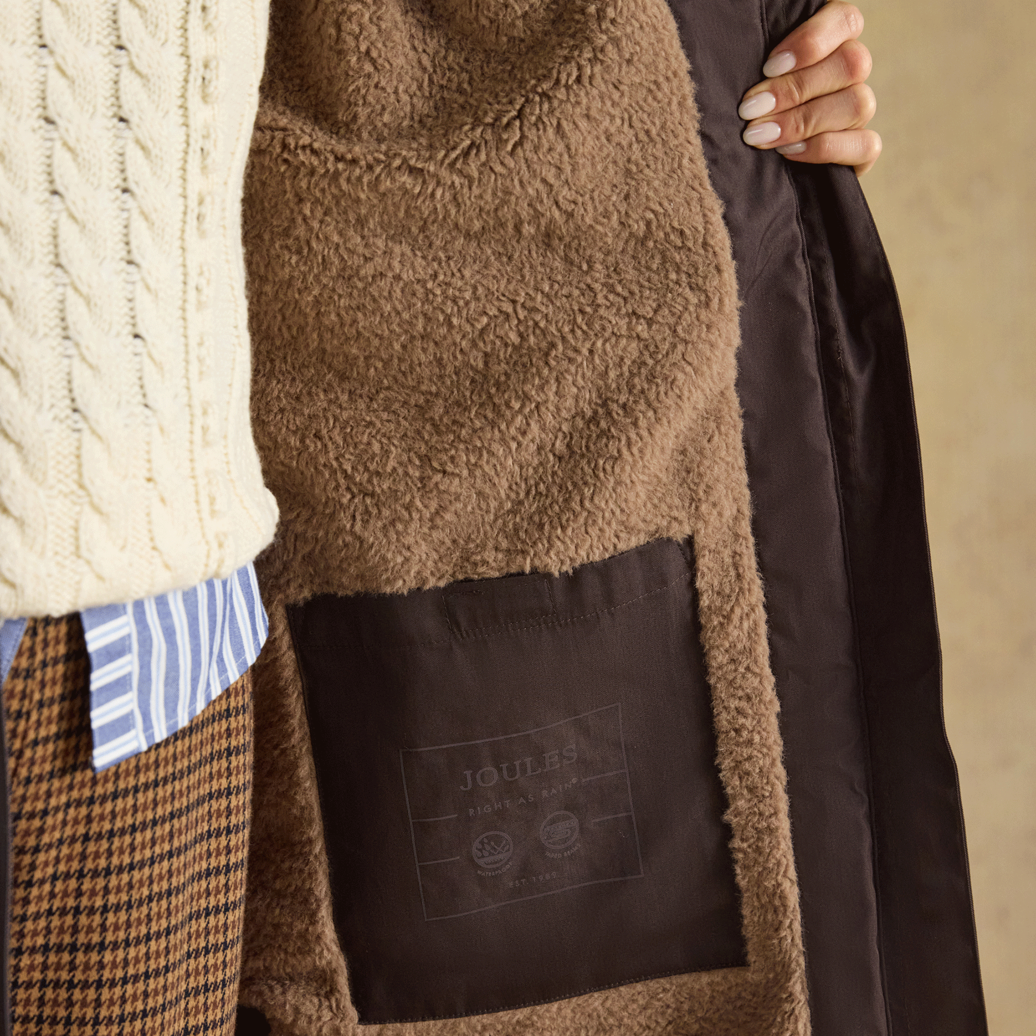 Joules Coverall Oversized Fleece Lined Waterproof Coat Chocolate Brown
