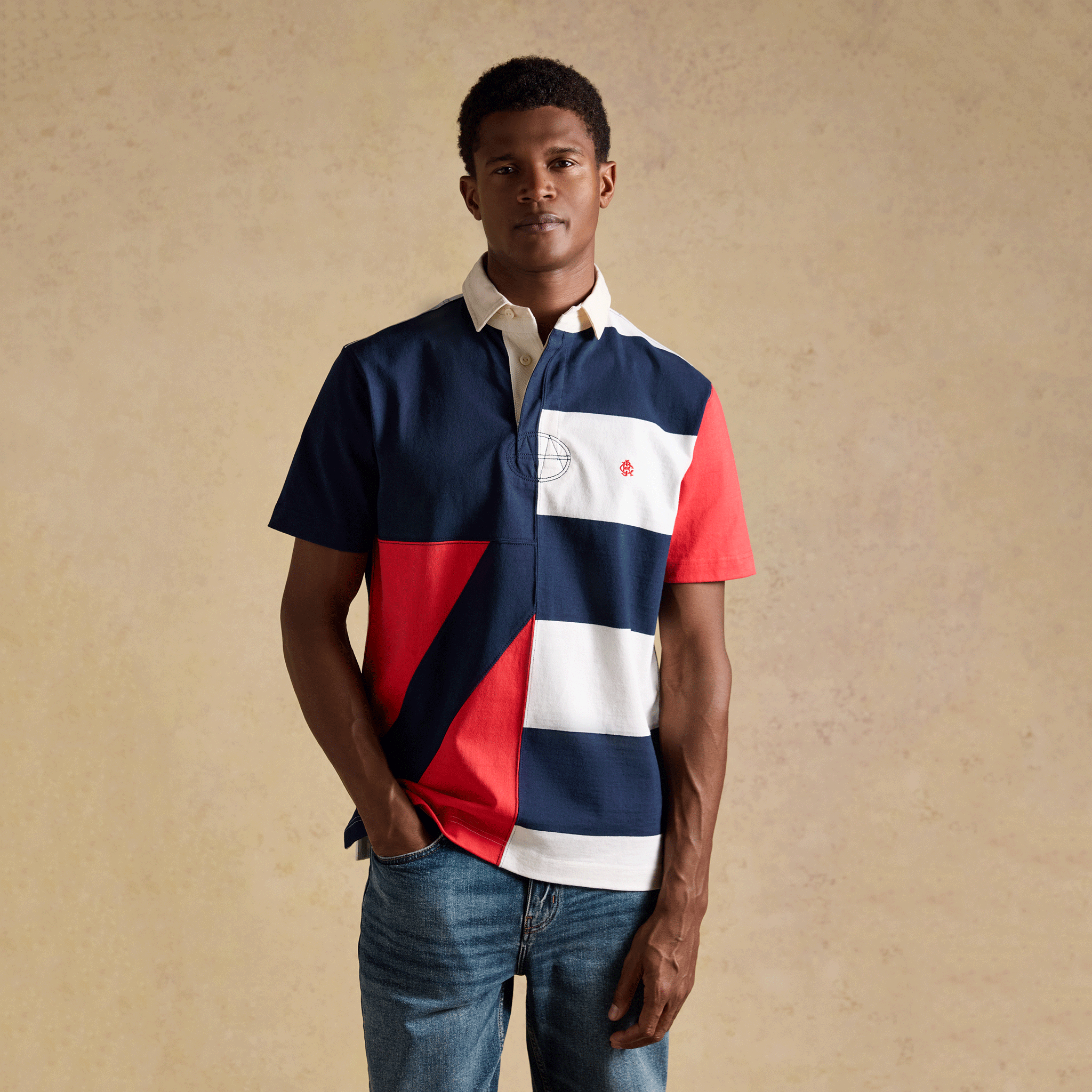 Joules Crossfield Short Sleeve Rugby Shirt in Red, White & Navy