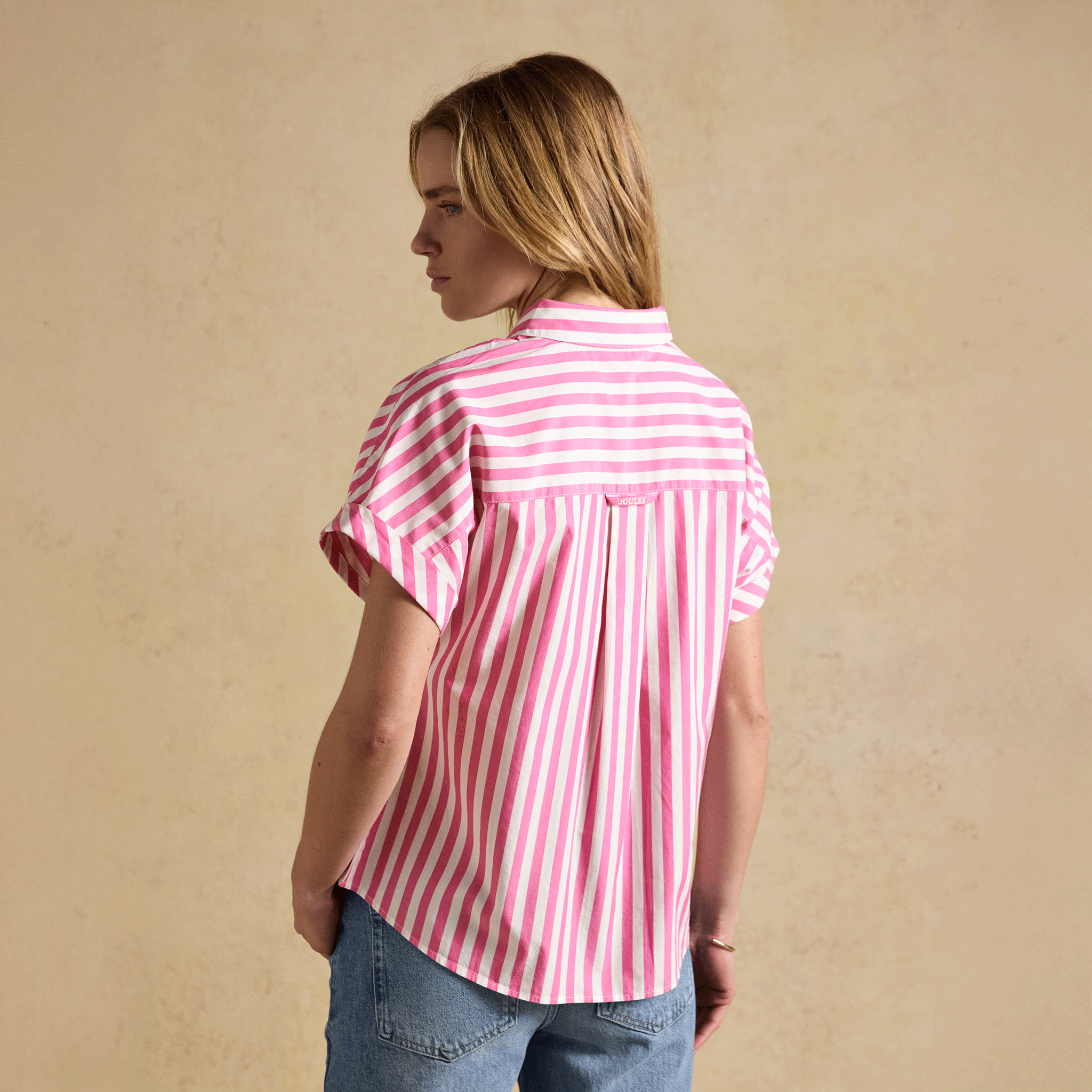Joules Keira Cropped Tie-Front Shirt in Pink Stripe