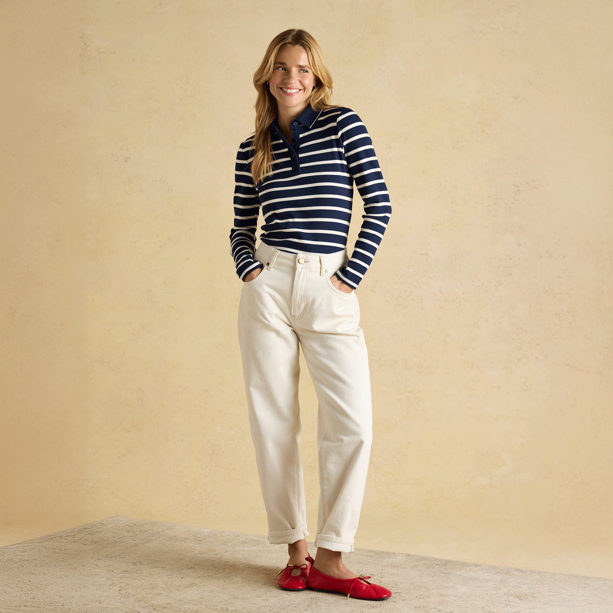 Joules Fairfield Ribbed Long Sleeve Polo Shirt Navy & Cream Stripe