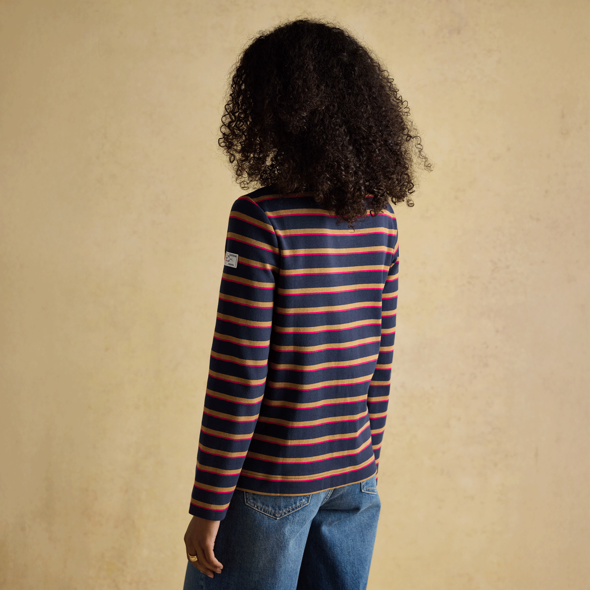 Joules Harbour Boat Neck Breton Stripe Top Tan-Navy