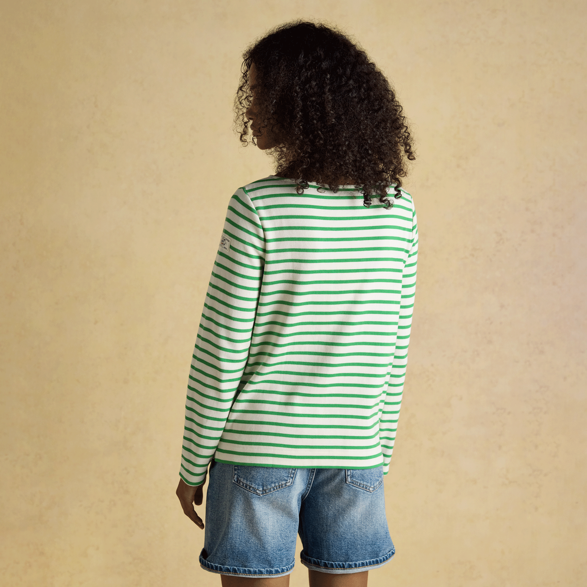 Joules Harbour Boat Neck Long Sleeve Striped Breton Top Cream & Green