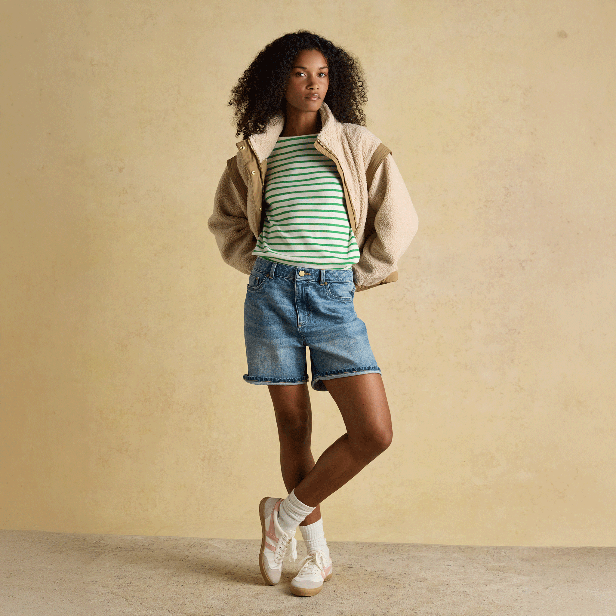 Joules Harbour Boat Neck Long Sleeve Striped Breton Top Cream & Green