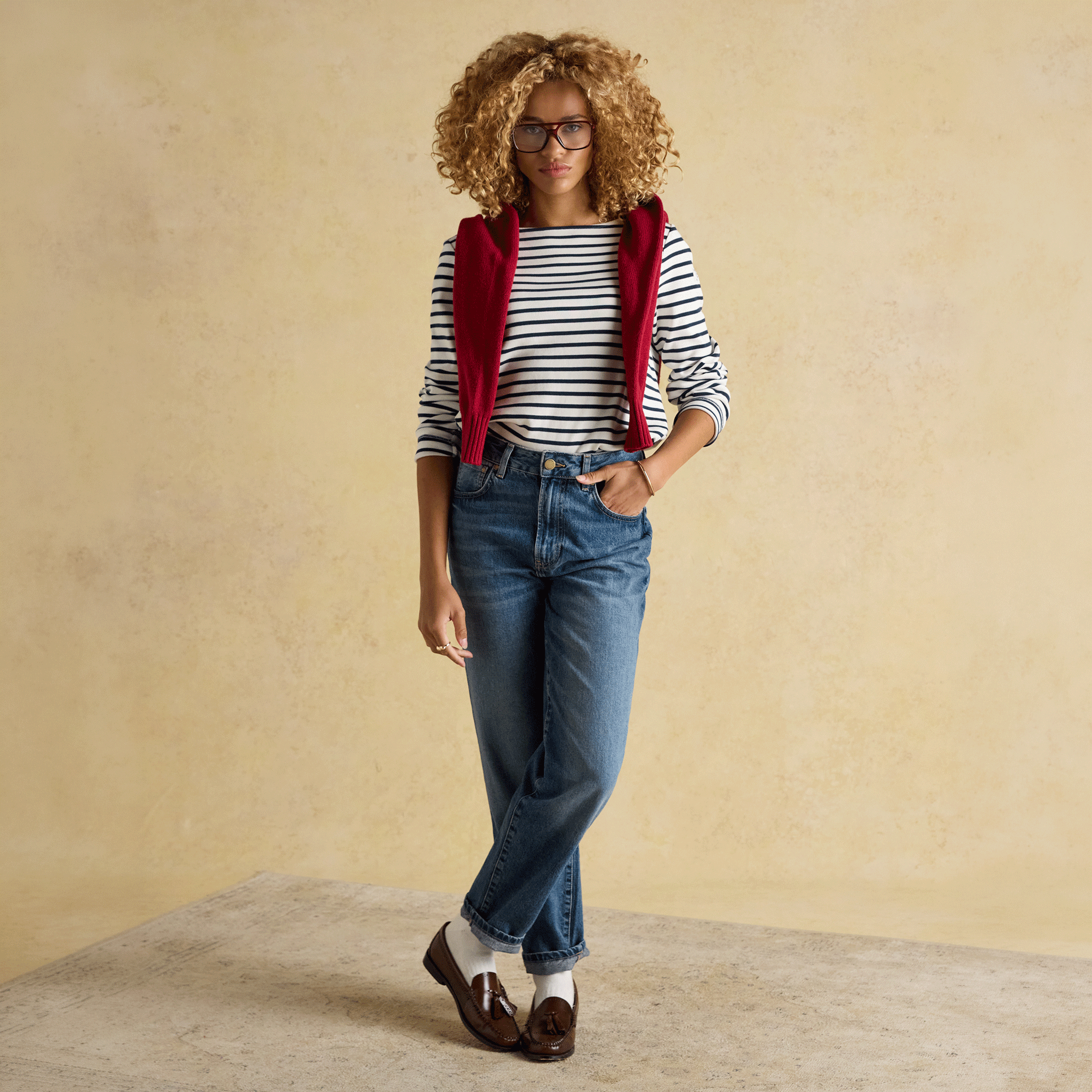 Joules Harbour Boat Neck Long Sleeve Striped Breton Top Cream & Navy