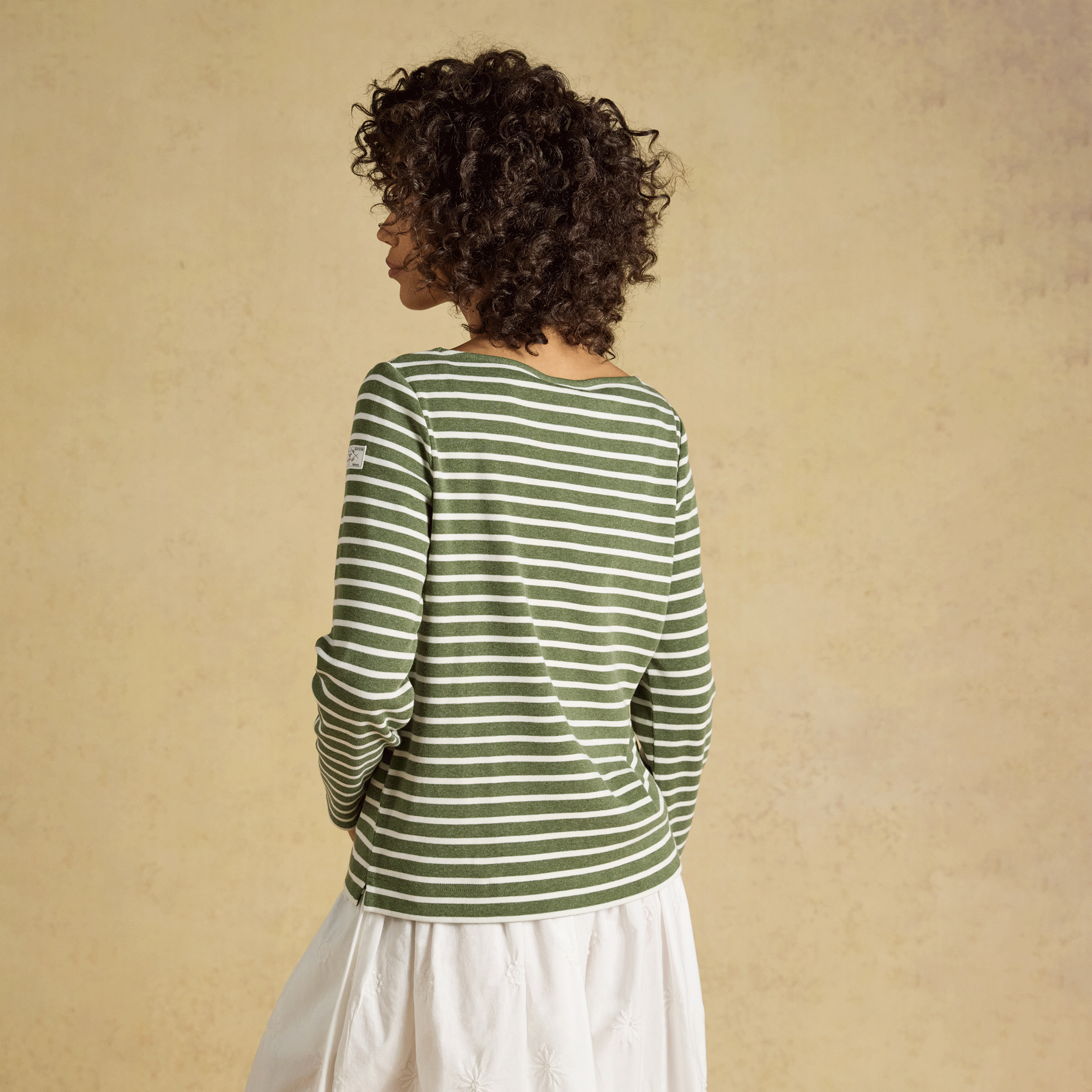 Joules Harbour Boat Neck Long Sleeve Striped Breton Top Khaki Marl-Cream