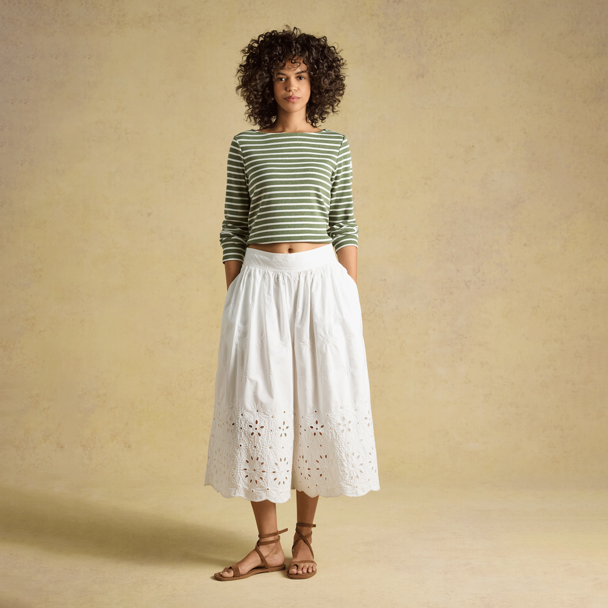 Joules Harbour Boat Neck Long Sleeve Striped Breton Top Khaki Marl-Cream