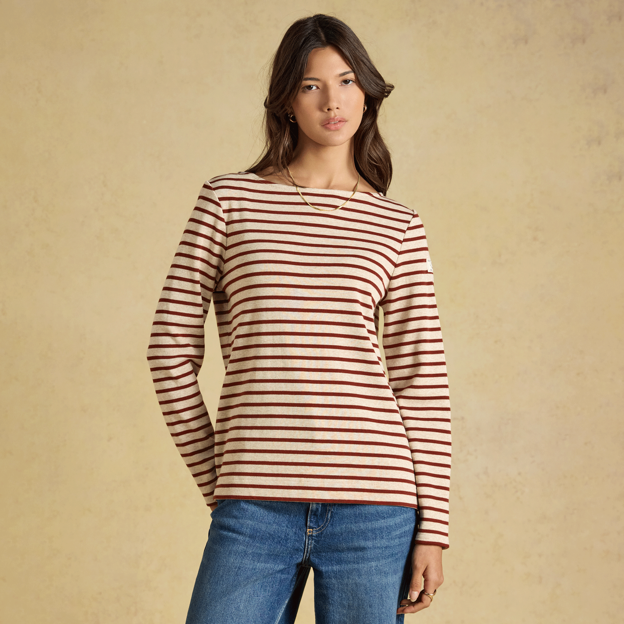 Joules Harbour Boat Neck Long Sleeve Striped Breton Top Oat-Russet