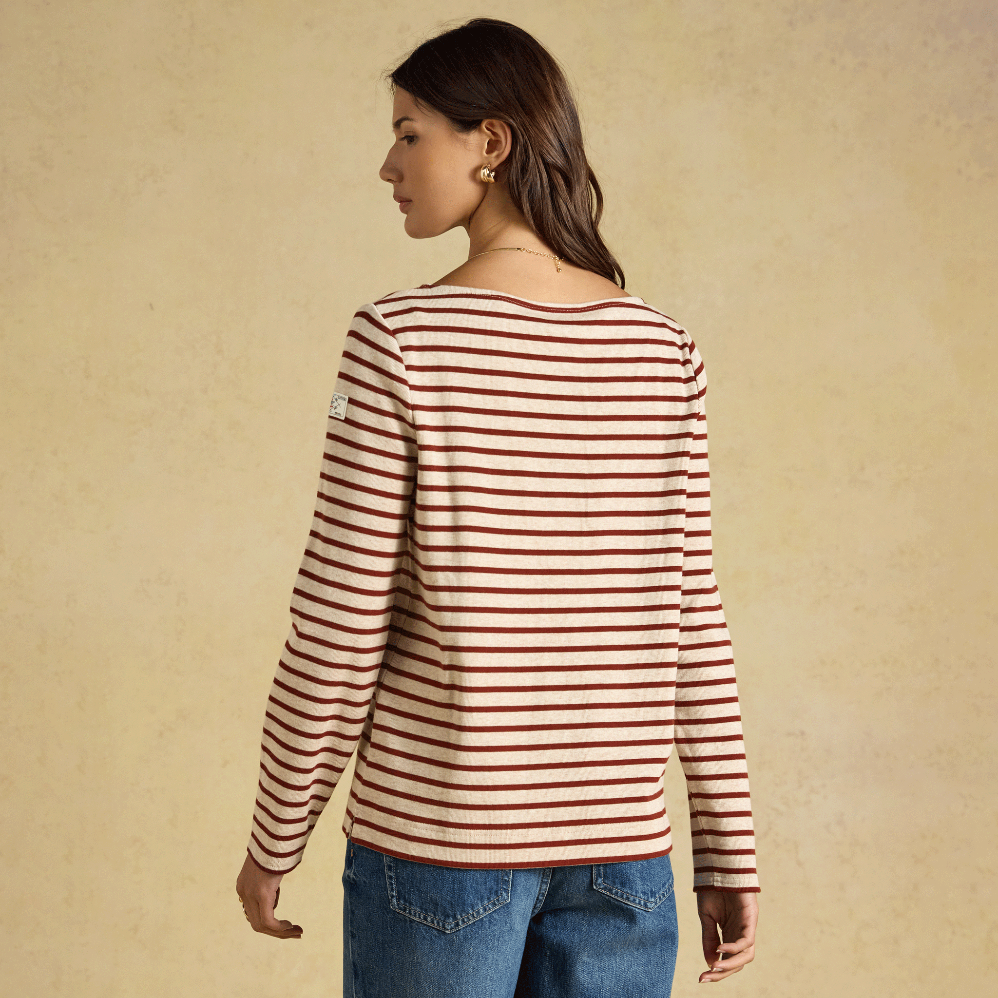 Joules Harbour Boat Neck Long Sleeve Striped Breton Top Oat-Russet