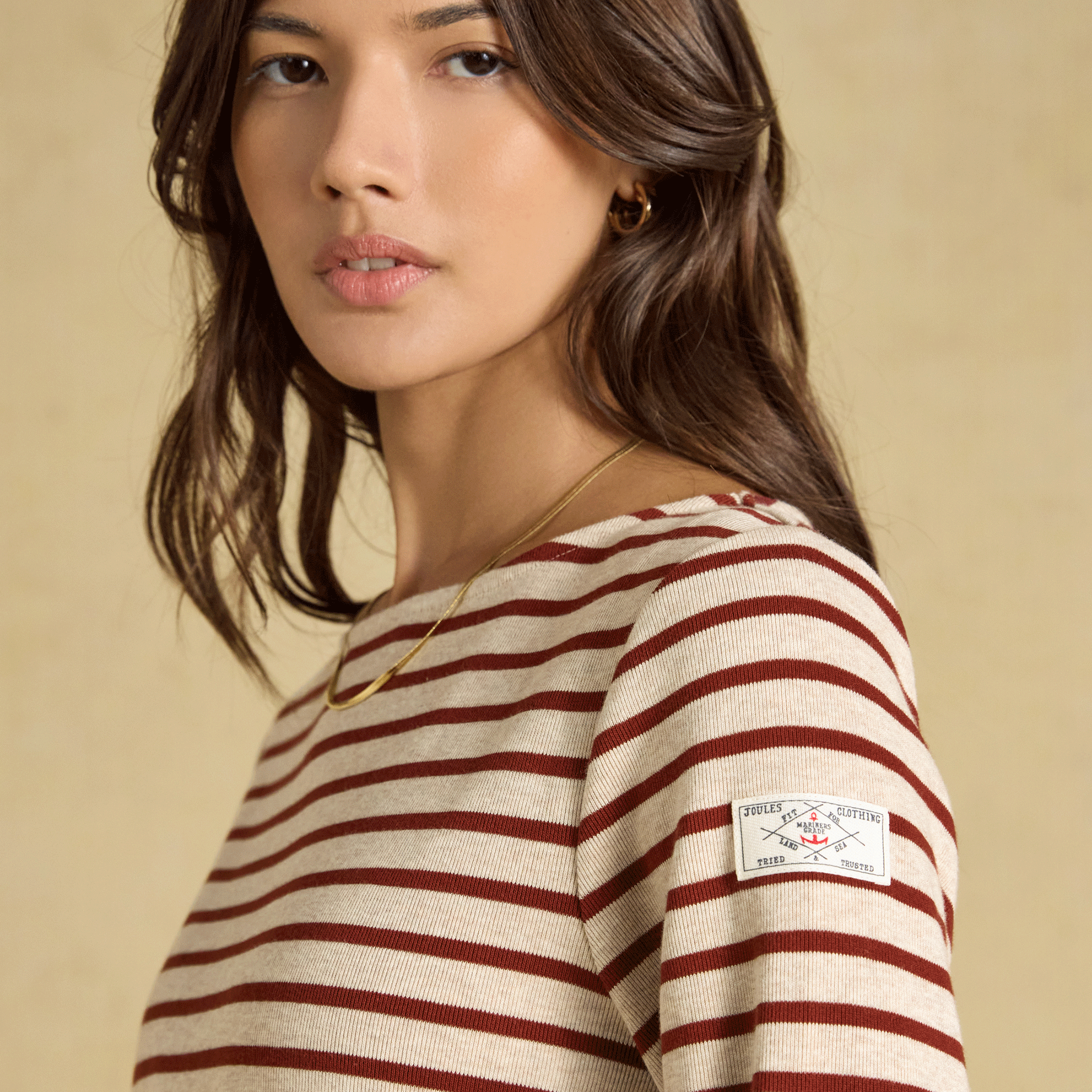 Joules Harbour Boat Neck Long Sleeve Striped Breton Top Oat-Russet