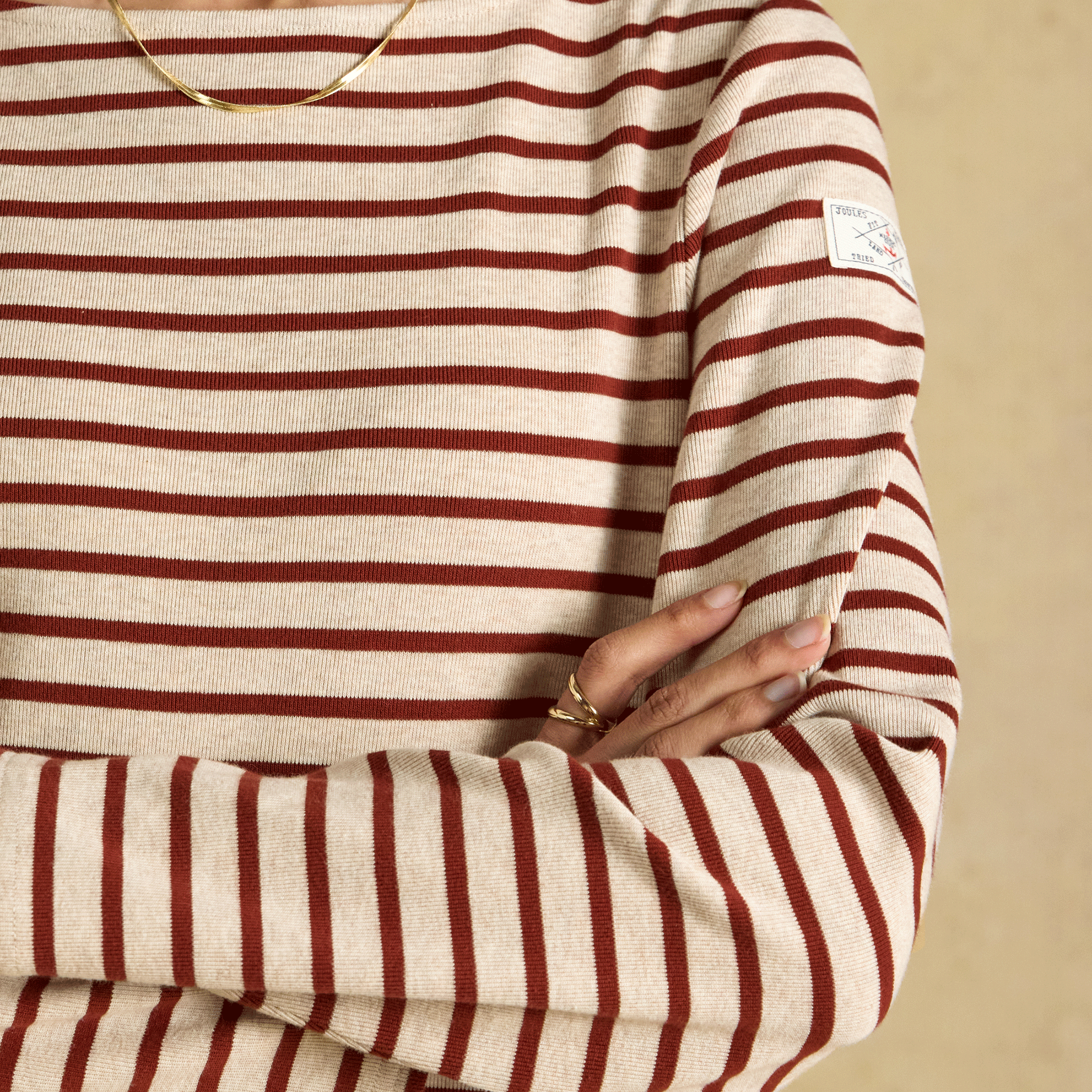 Joules Harbour Boat Neck Long Sleeve Striped Breton Top Oat-Russet