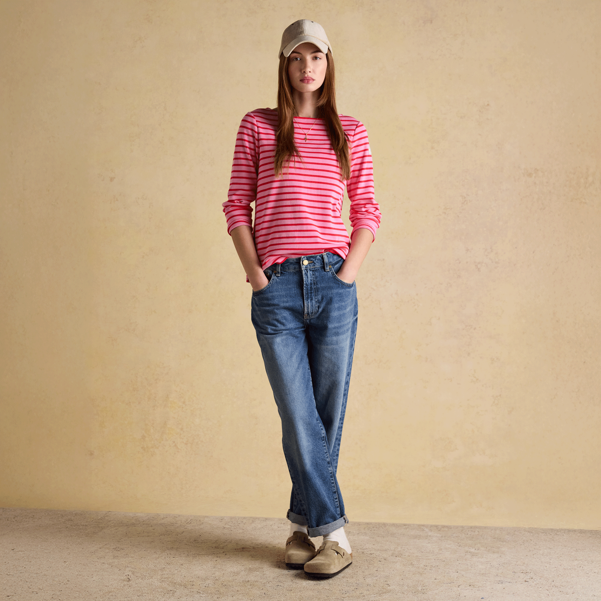Joules Harbour Boat Neck Long Sleeve Striped Breton Top Pink & Red