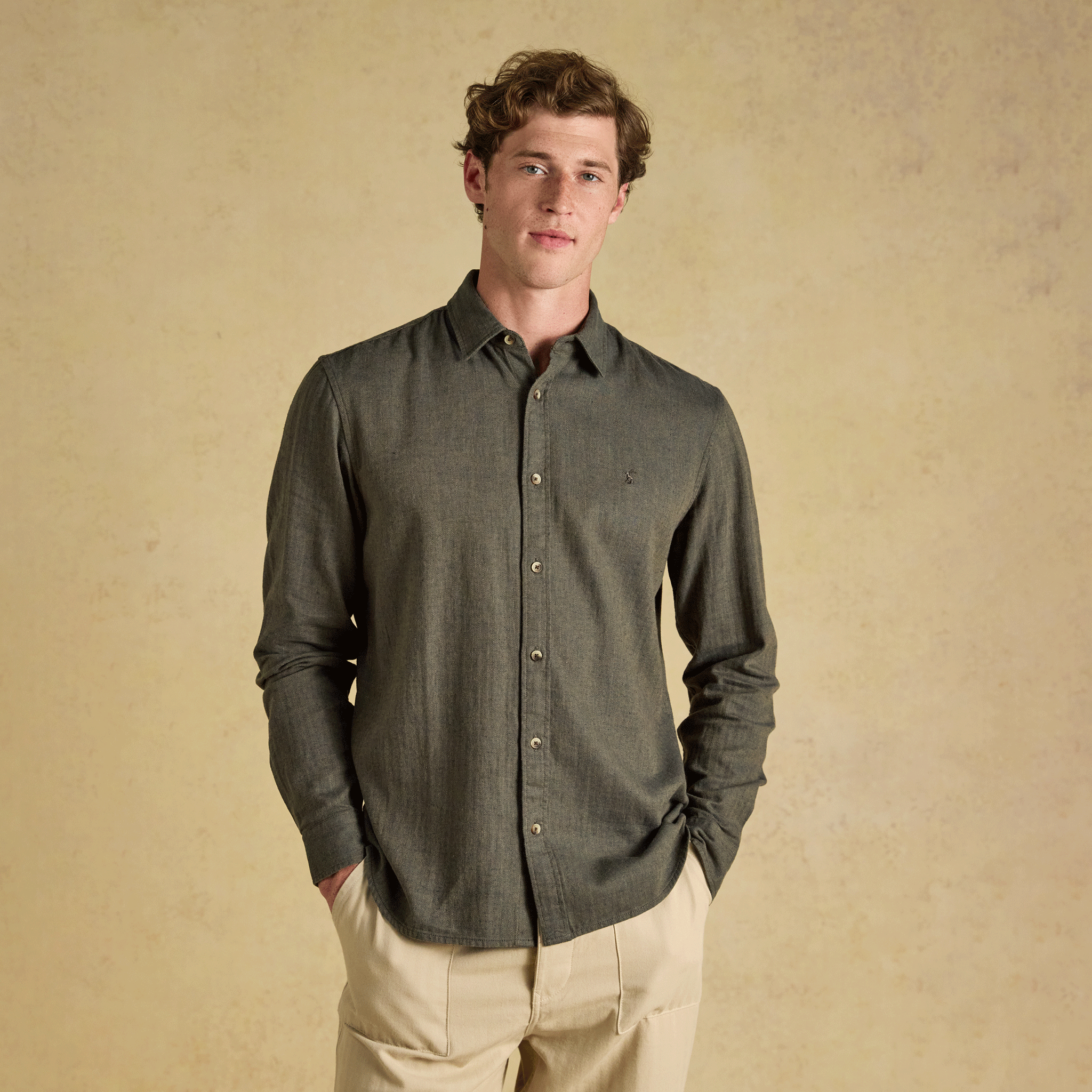 Joules Herringbone Men's Linen Blend Classic Fit Shirt Khaki Green