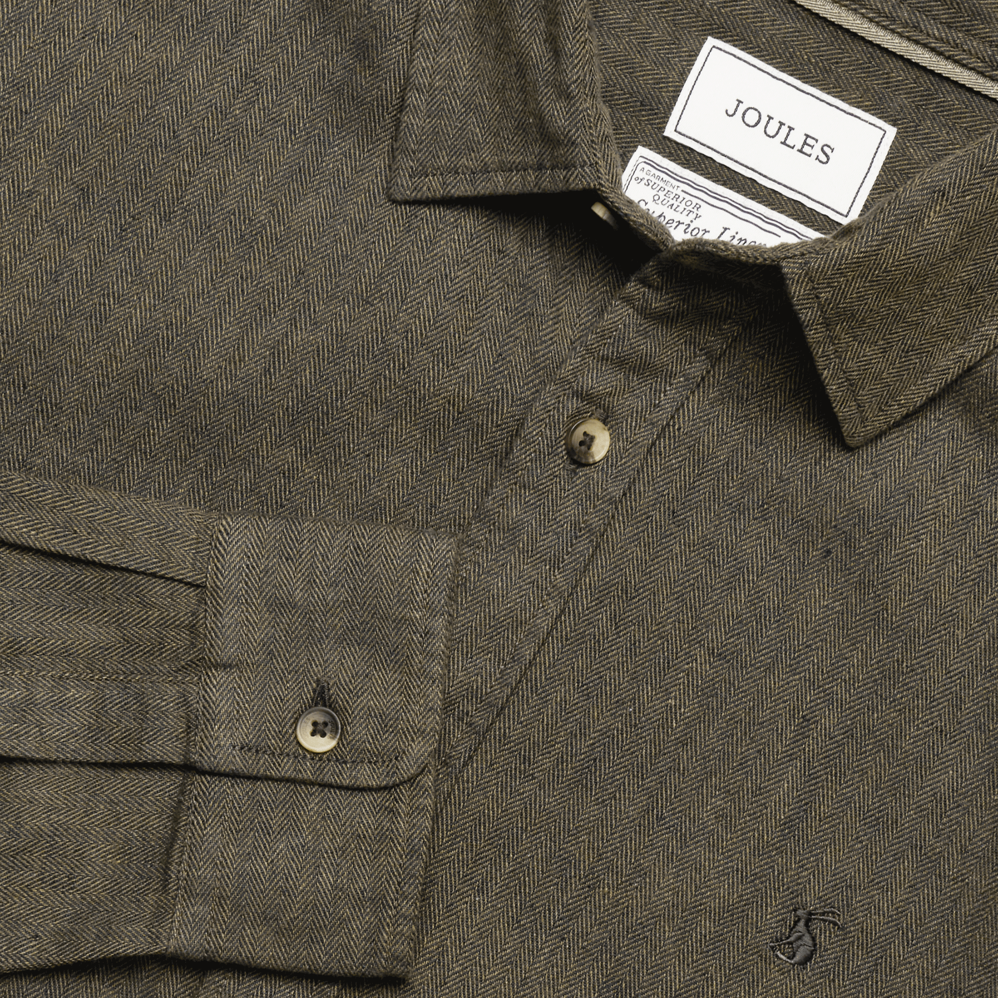 Joules Herringbone Men's Linen Blend Classic Fit Shirt Khaki Green