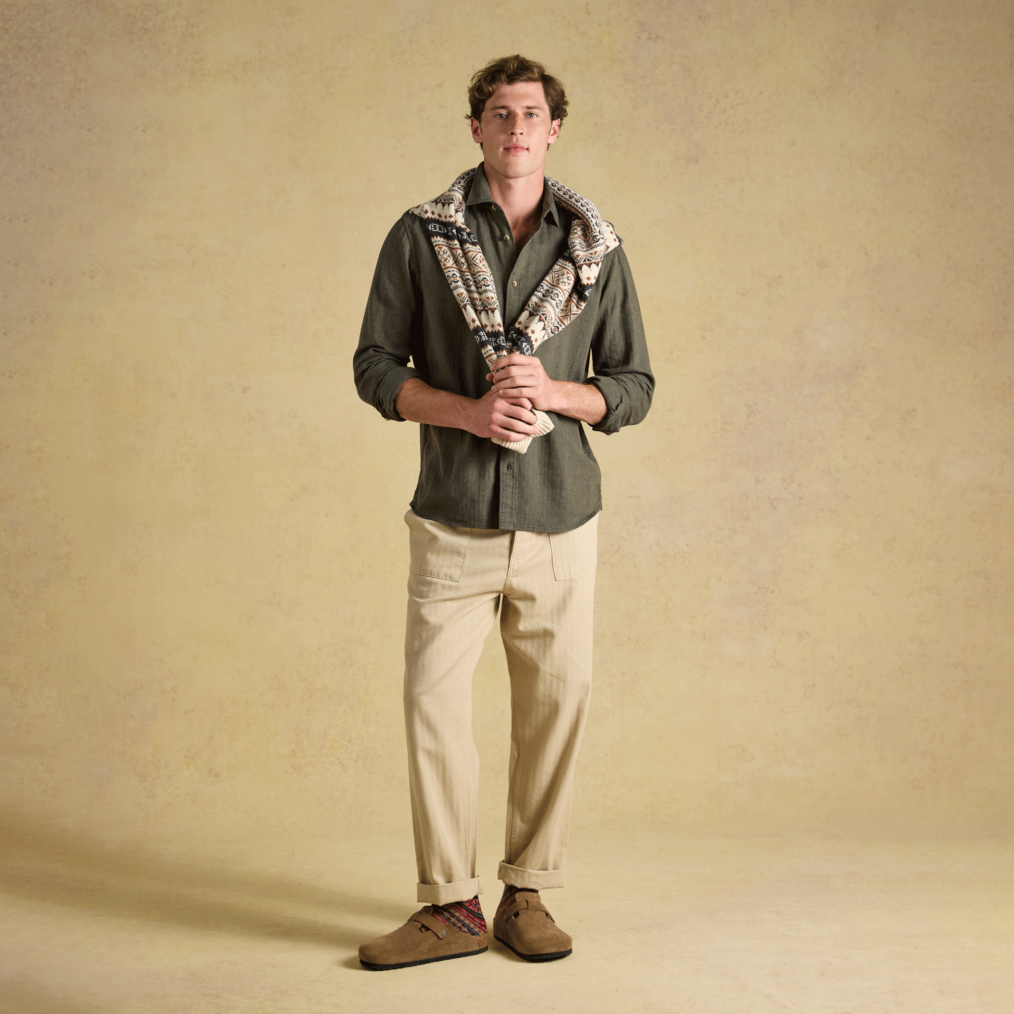 Joules Herringbone Men's Linen Blend Classic Fit Shirt Khaki Green