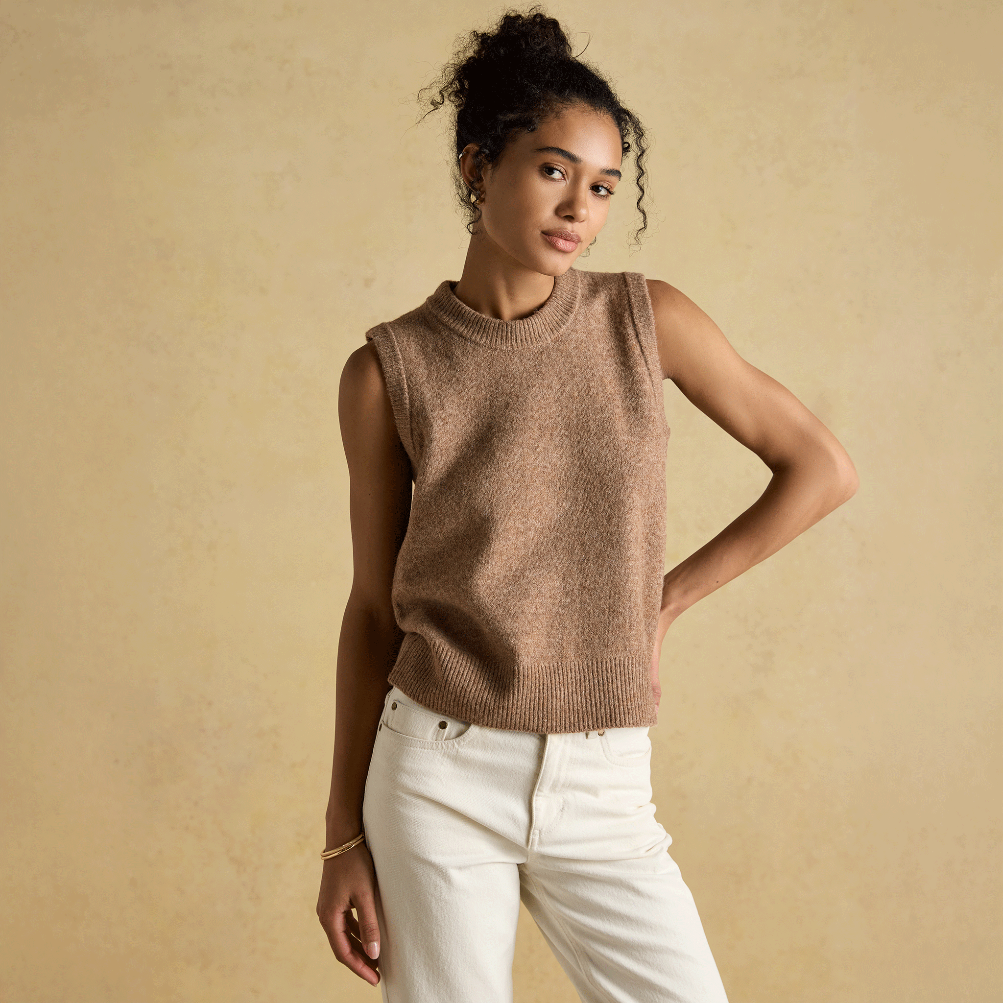 Joules Holly Knitted Crew Neck Vest Tan