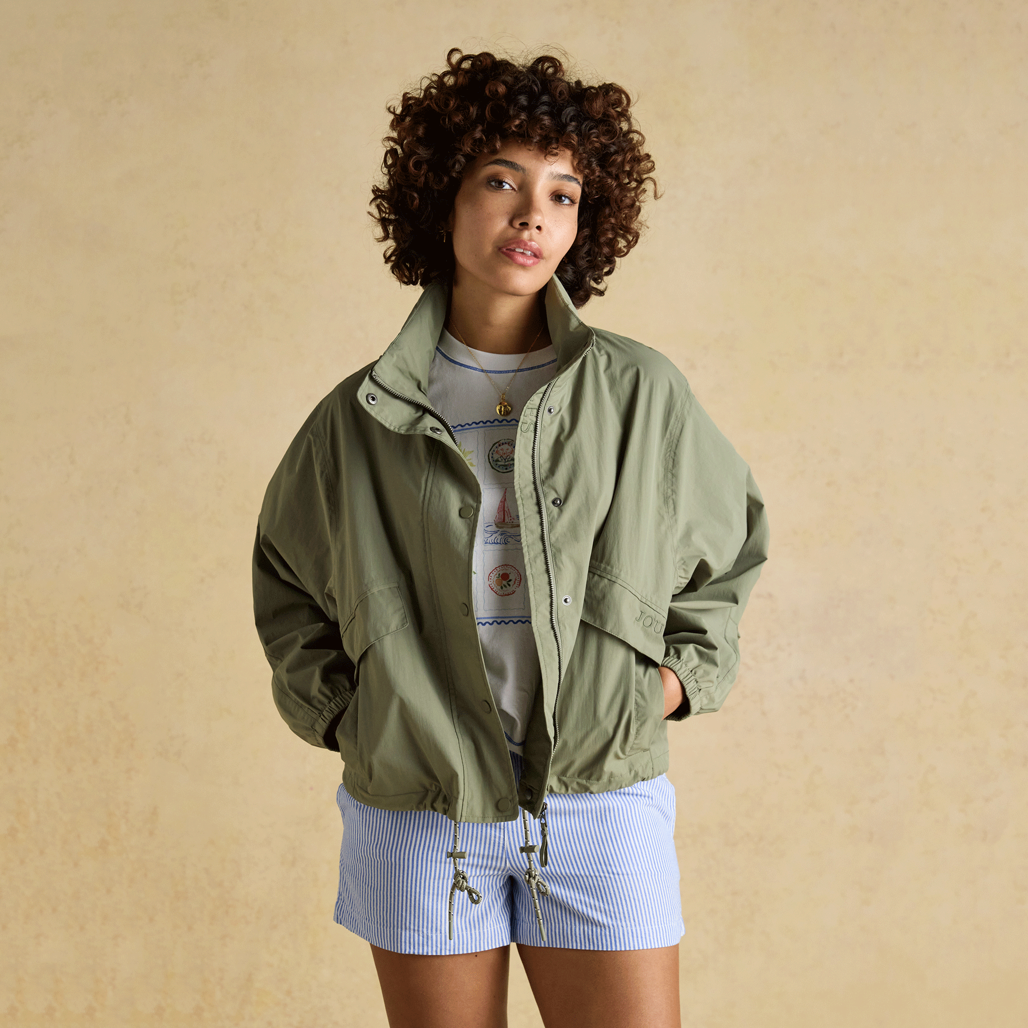 Joules Hove Waterproof Windbreaker With Packable Hood in Khaki Green