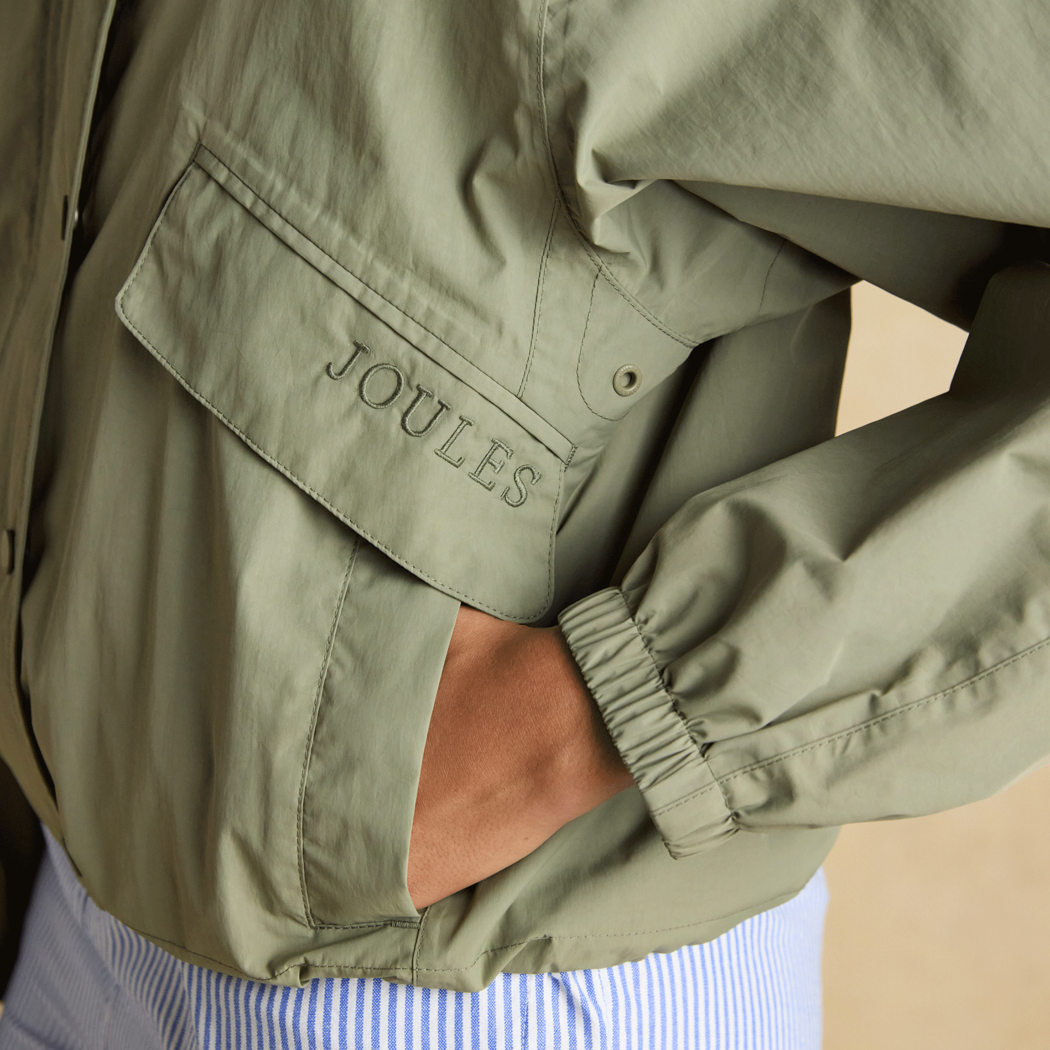 Joules Hove Waterproof Windbreaker With Packable Hood in Khaki Green