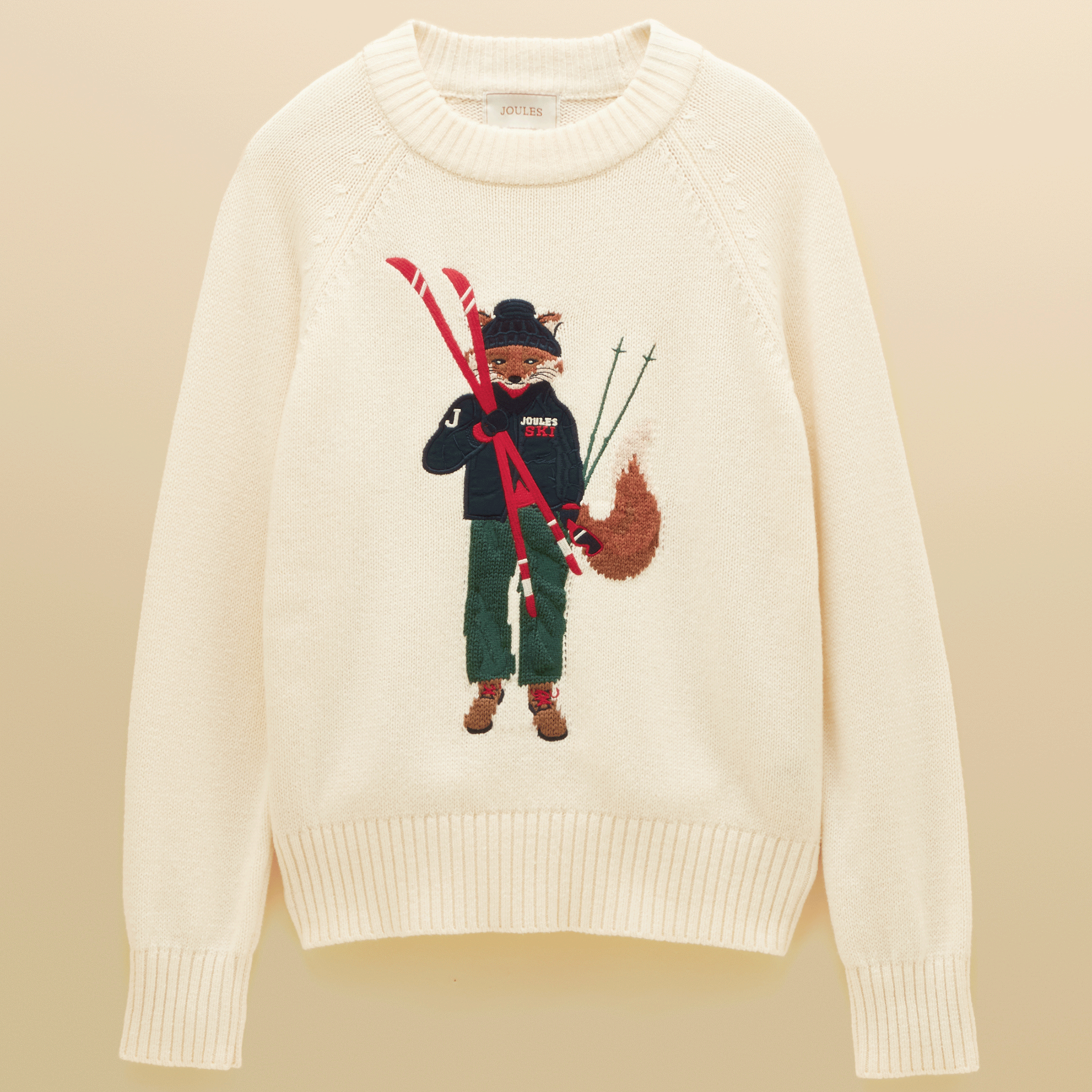 Joules Jonty Fox Ski Intarsia Knitted Crew Neck Jumper Cream
