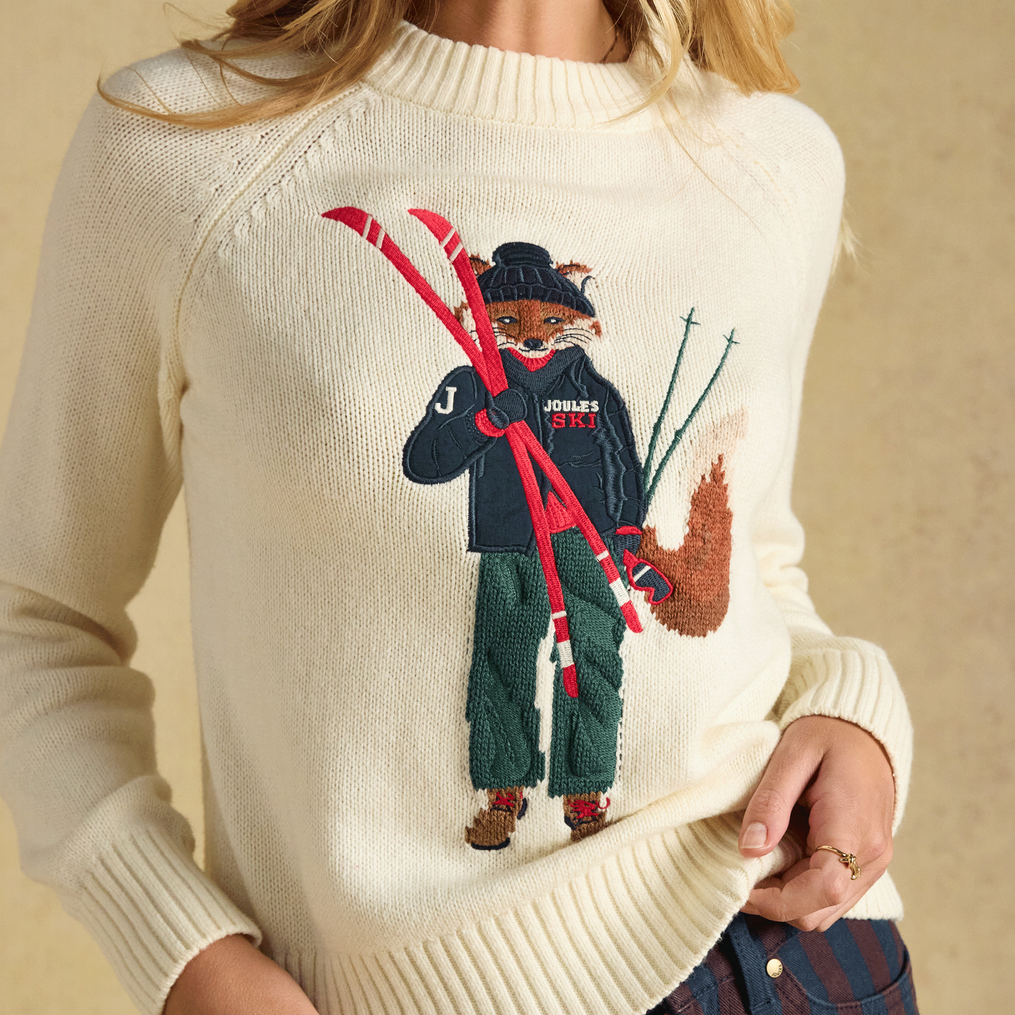 Joules Jonty Fox Ski Intarsia Knitted Crew Neck Jumper Cream