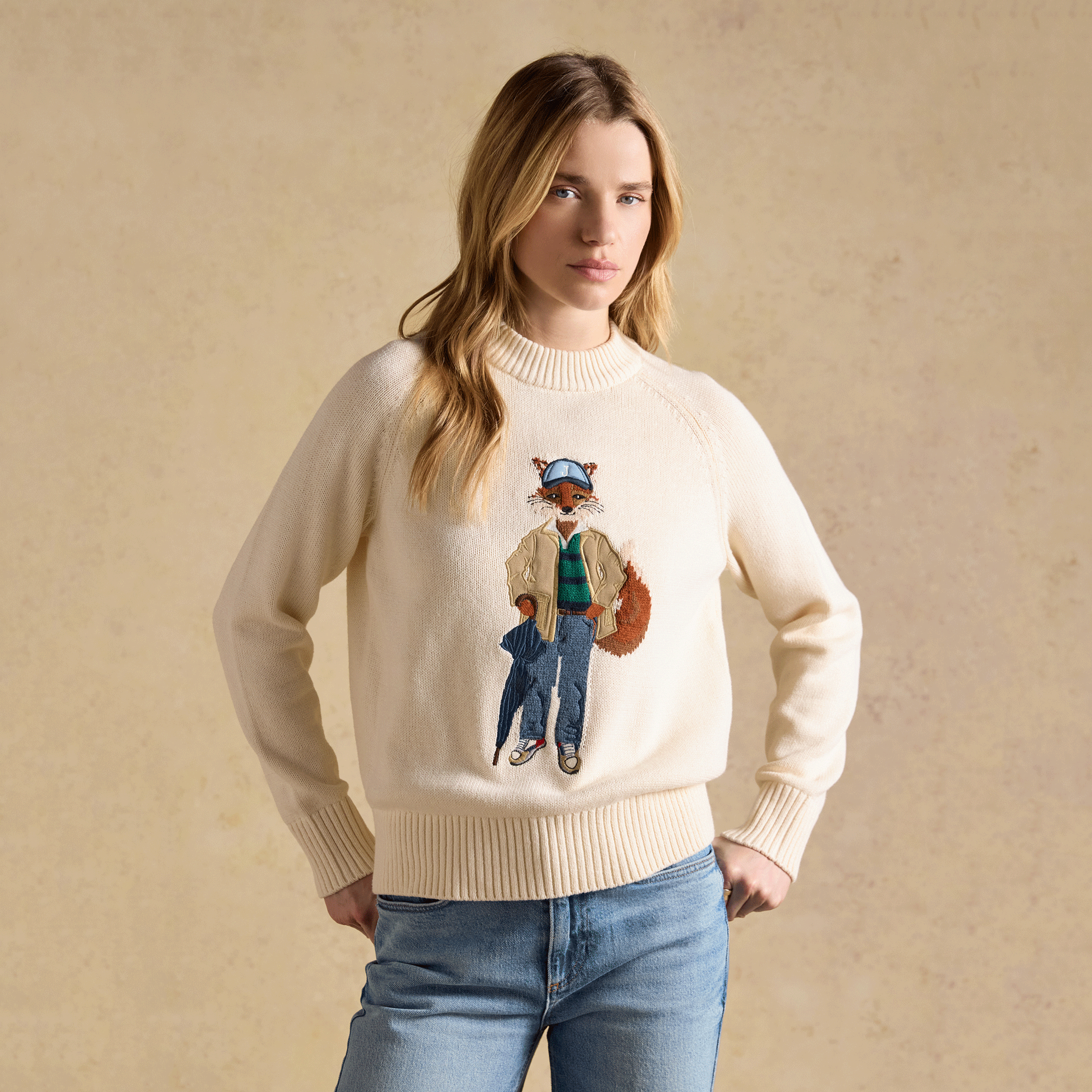 Joules Jonty Intarsia Knitted Crew Neck Jumper in Cream